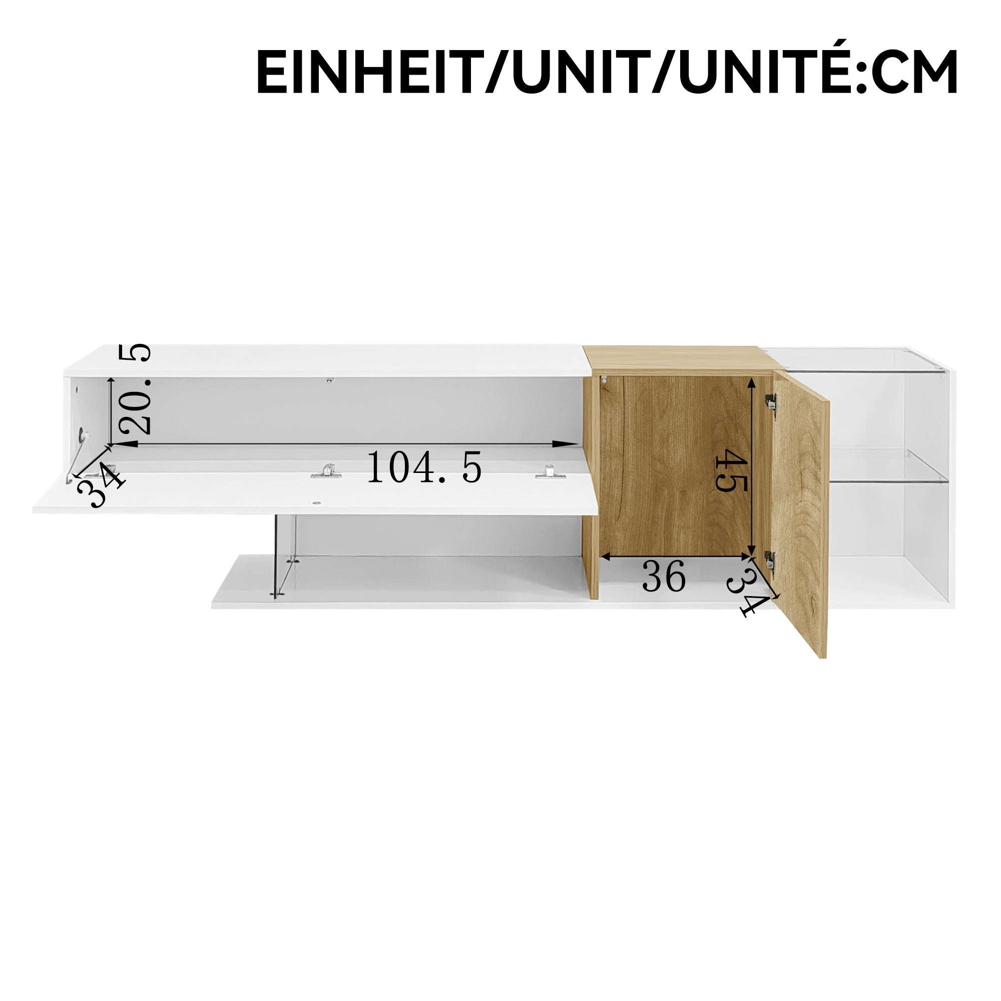 TV Cabinet, Modern High-Gloss with Glass Shelves, White Wood