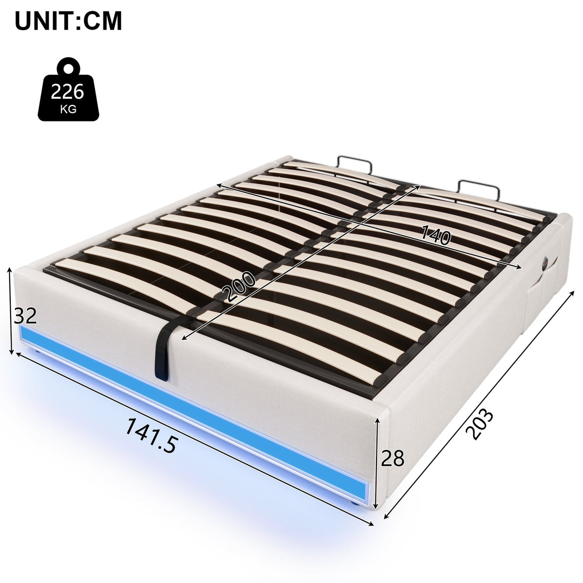 Upholstered Bed 140x200cm Hydraulic Storage LED USB/Type-C Pockets - Beige