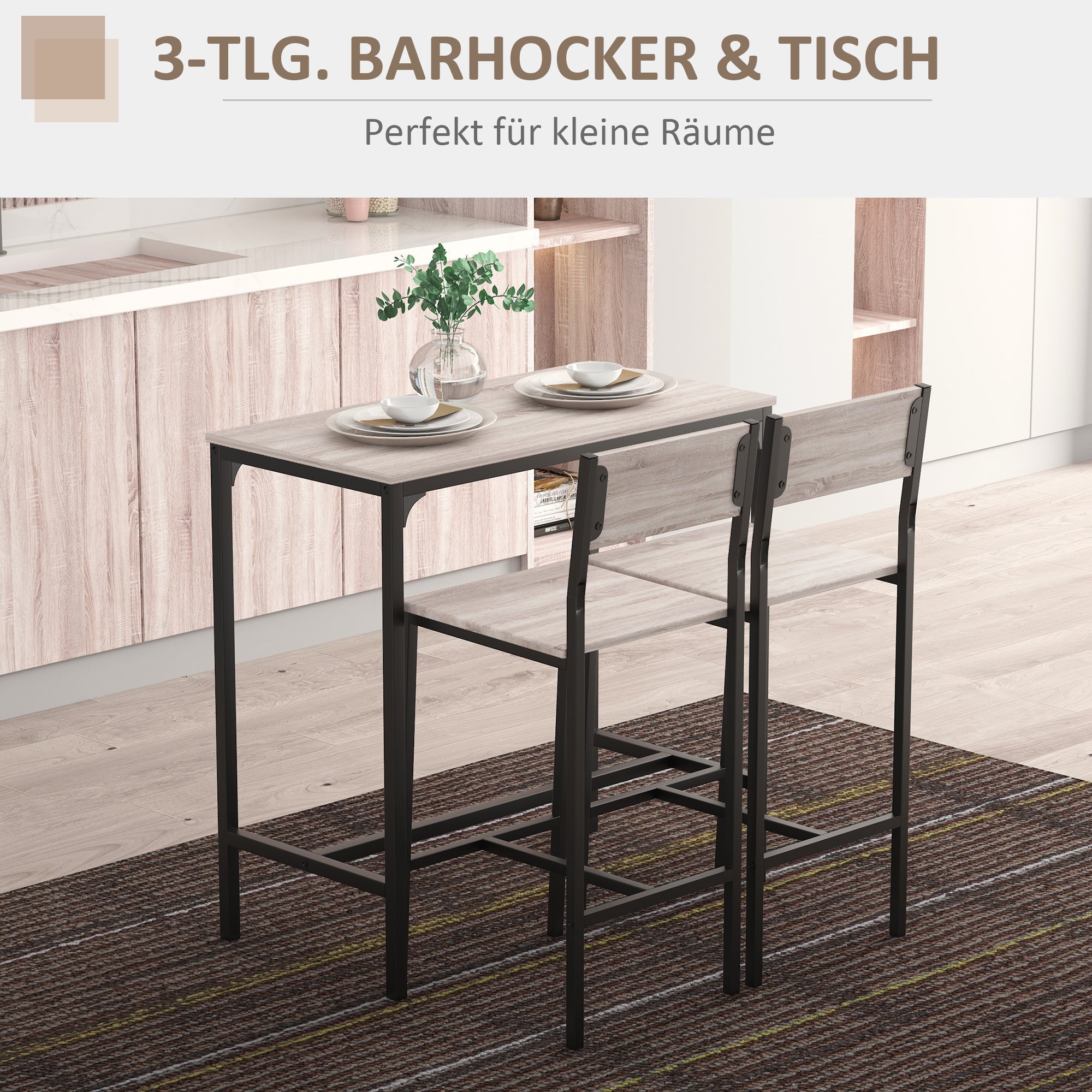 Bar Table with 2 Chairs, 3-Piece Set, MDF, Natural and Black
