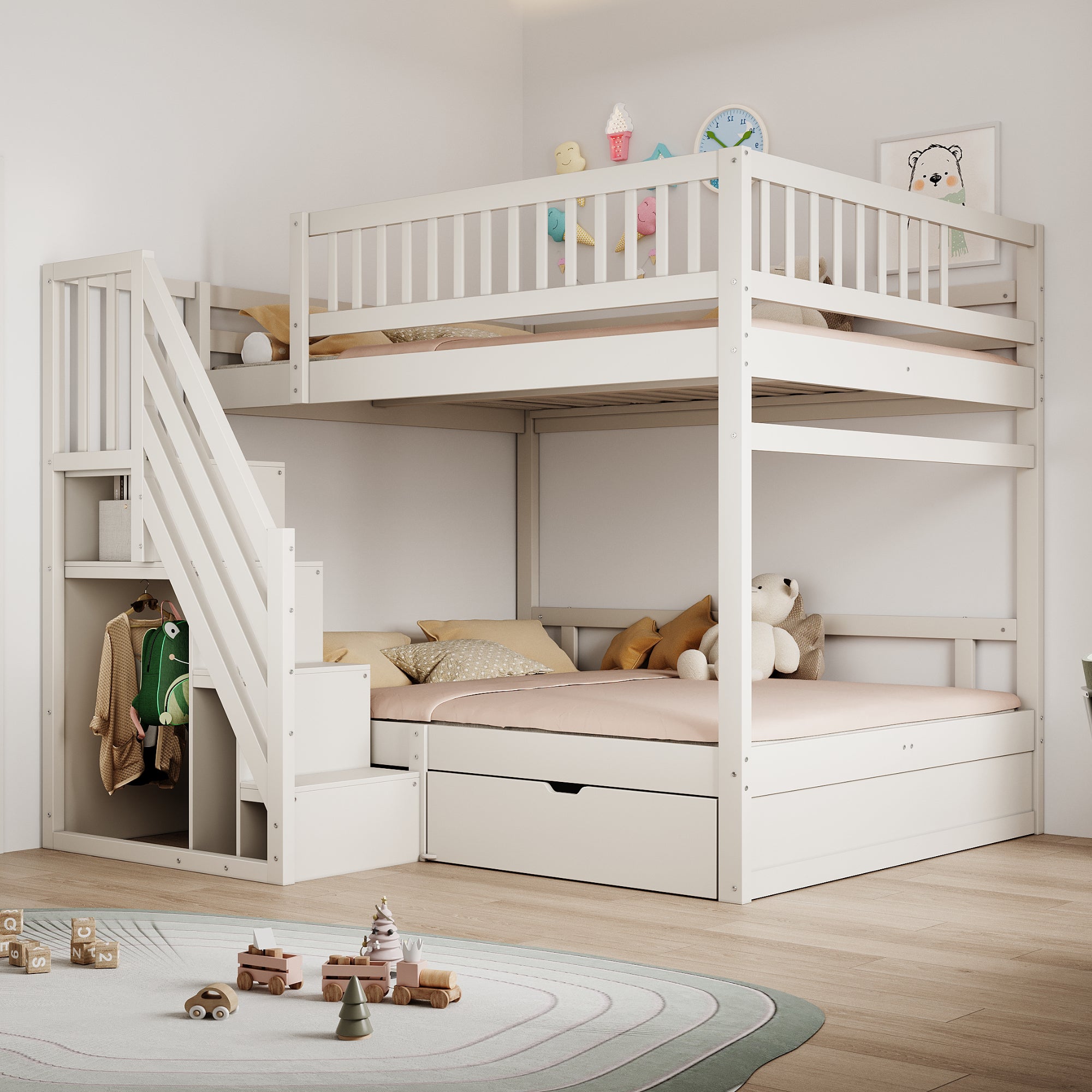 Solid Wood Bunk Bed, 140x200cm High Safety Rail Storage Ladder & Drawers, White