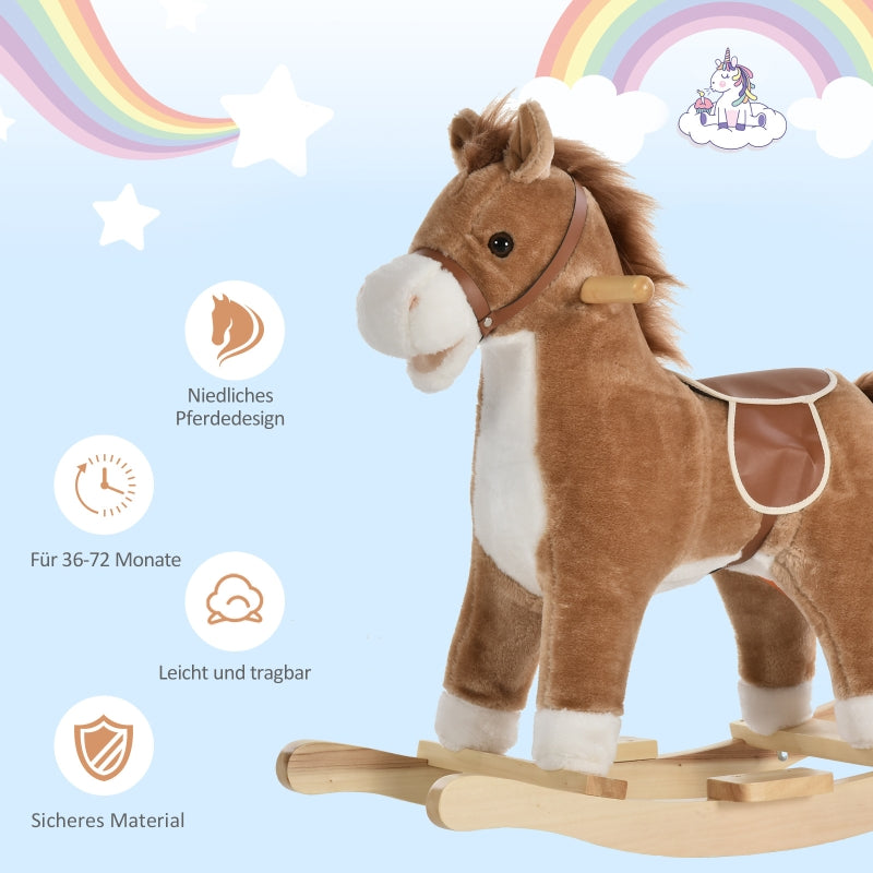 Children's Rocking Horse with Animal Sounds and Handles for 36-72 Months, Brown Plush