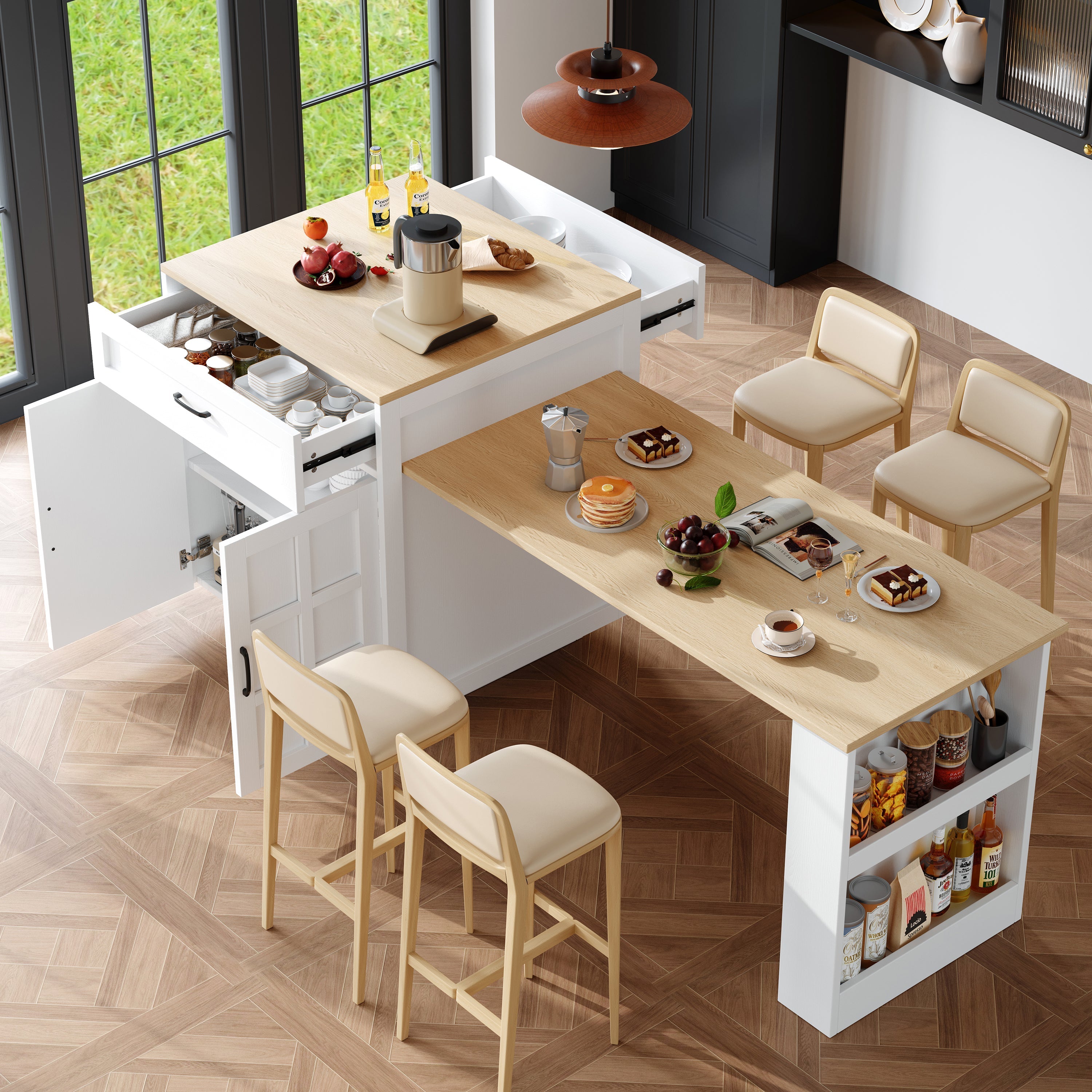 Extendable Bar Table Storage Drawers Shelves Kitchen Island - White