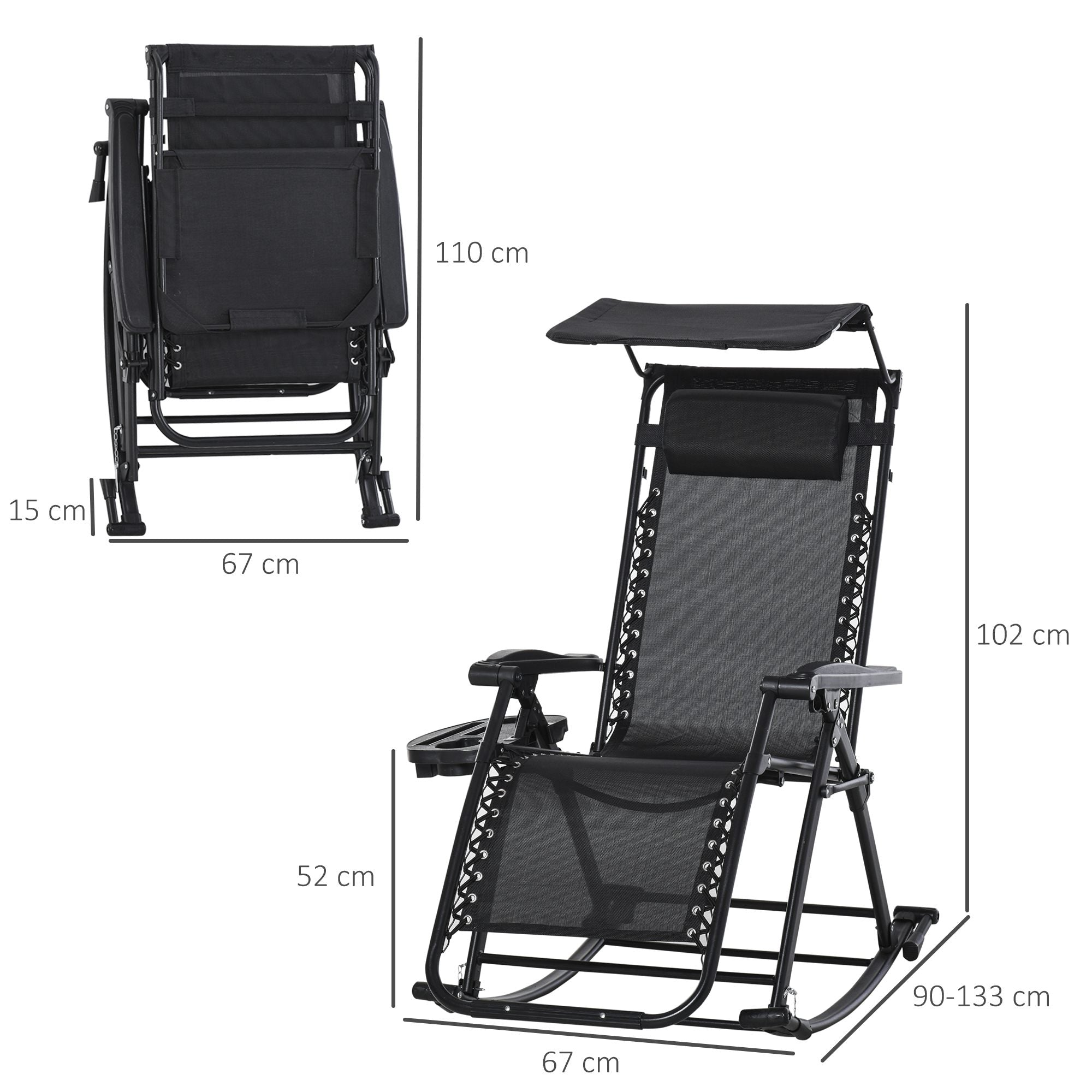 Garden Rocking Chair Folding Recliner Zero-Gravity Adjustable Sun Lounger, Black