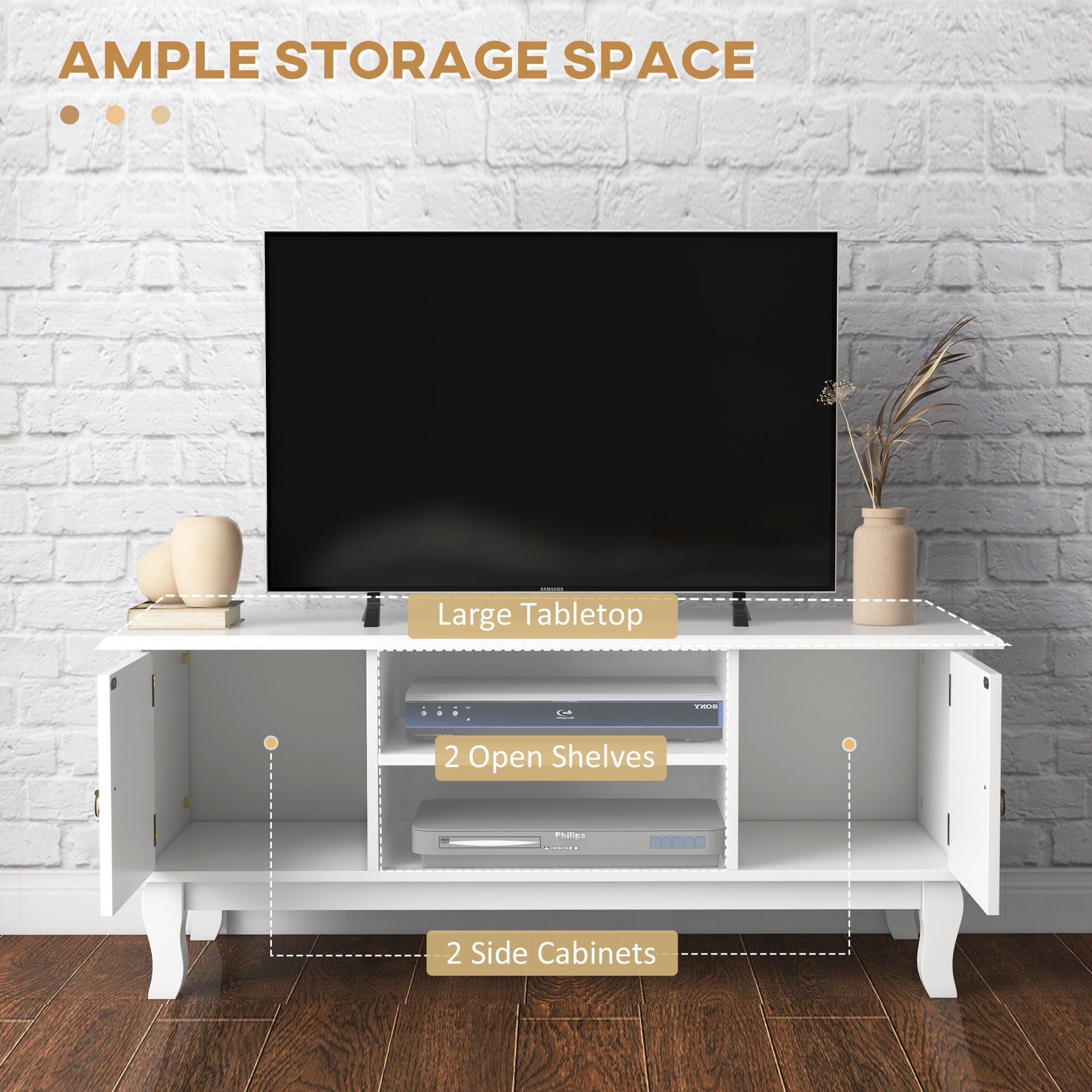 TV Unit 55" Cabinet, 2 Doors Open Storage Cable Management, White