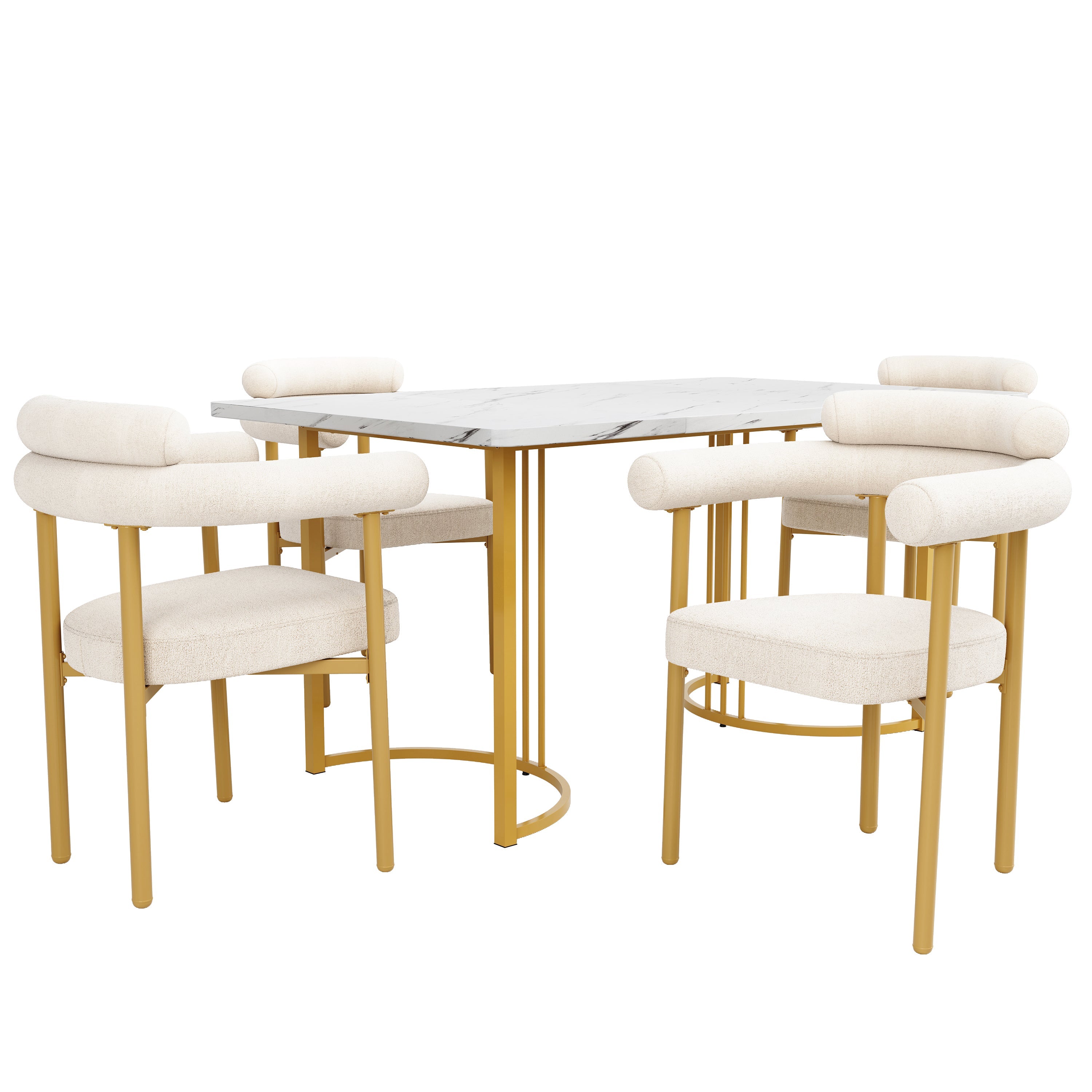 Dining Set 5-Piece Metal Leg Table 4 Hollow Armchairs - Gold Suede Fabric