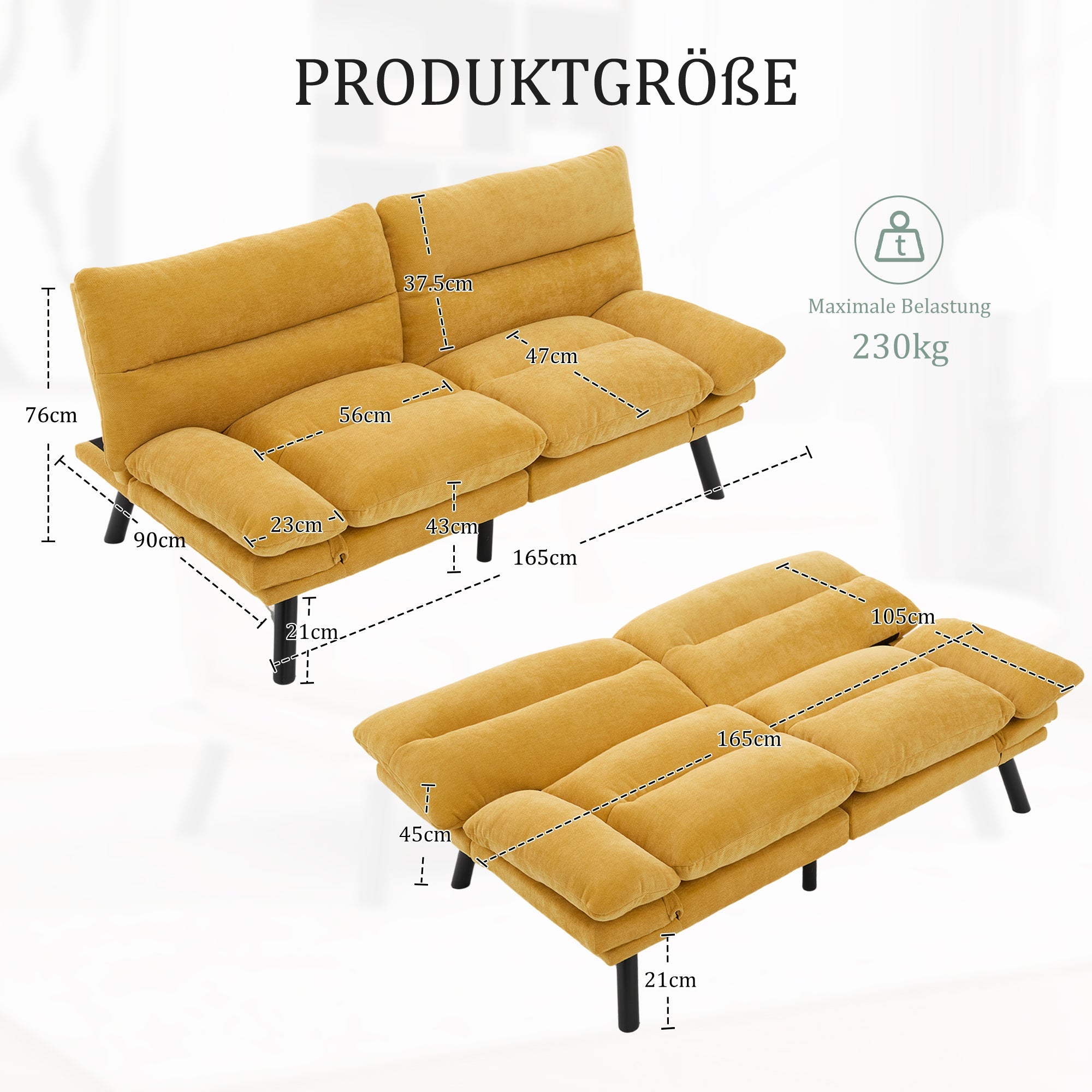 Two-Seater Sofa Ergonomic Adjustable Metal Legs, Chenille