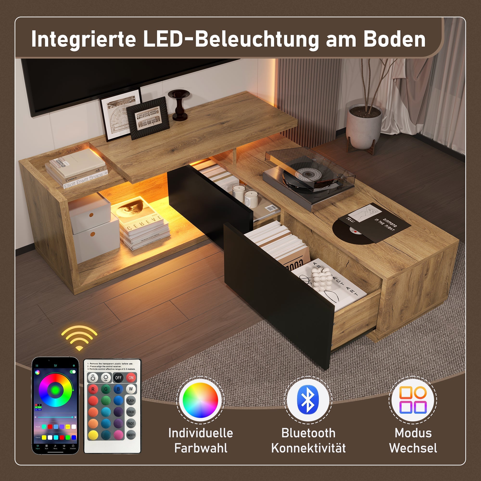Modular TV Cabinet, Movable Module & LED Lighting, Extendable 2m