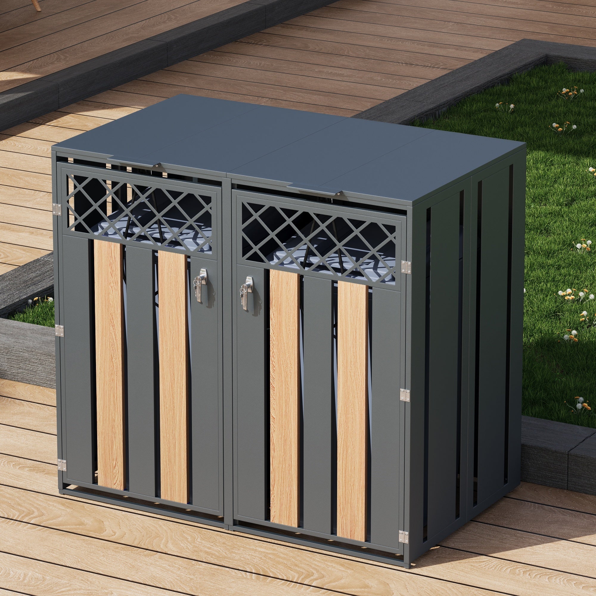 Garbage Can Storage Box with Hinged Lid and Lockable Double Doors, Diamond-Shaped Ventilation, Metal