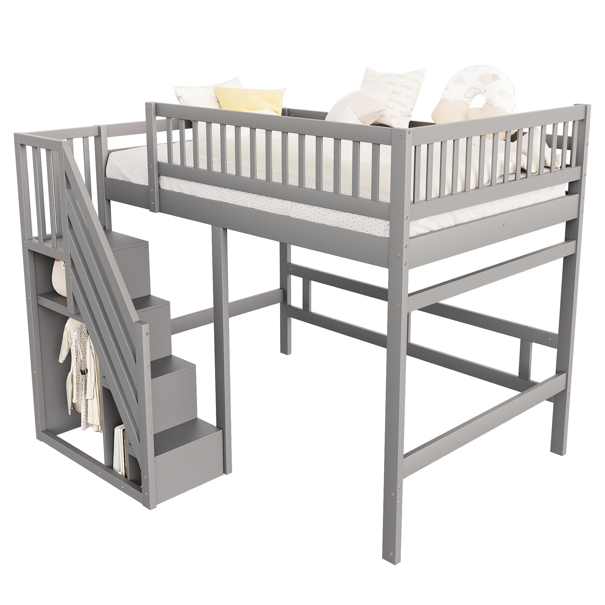Solid wood bed 140*200, stairs with storage, high railing, grey