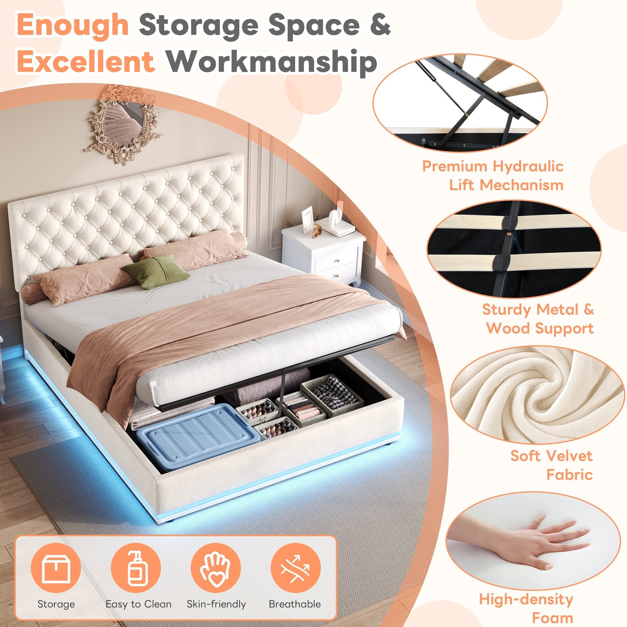 Double Ottoman Bed with LED, Hydraulic Storage, Adjustable Headboard, Velvet Beige