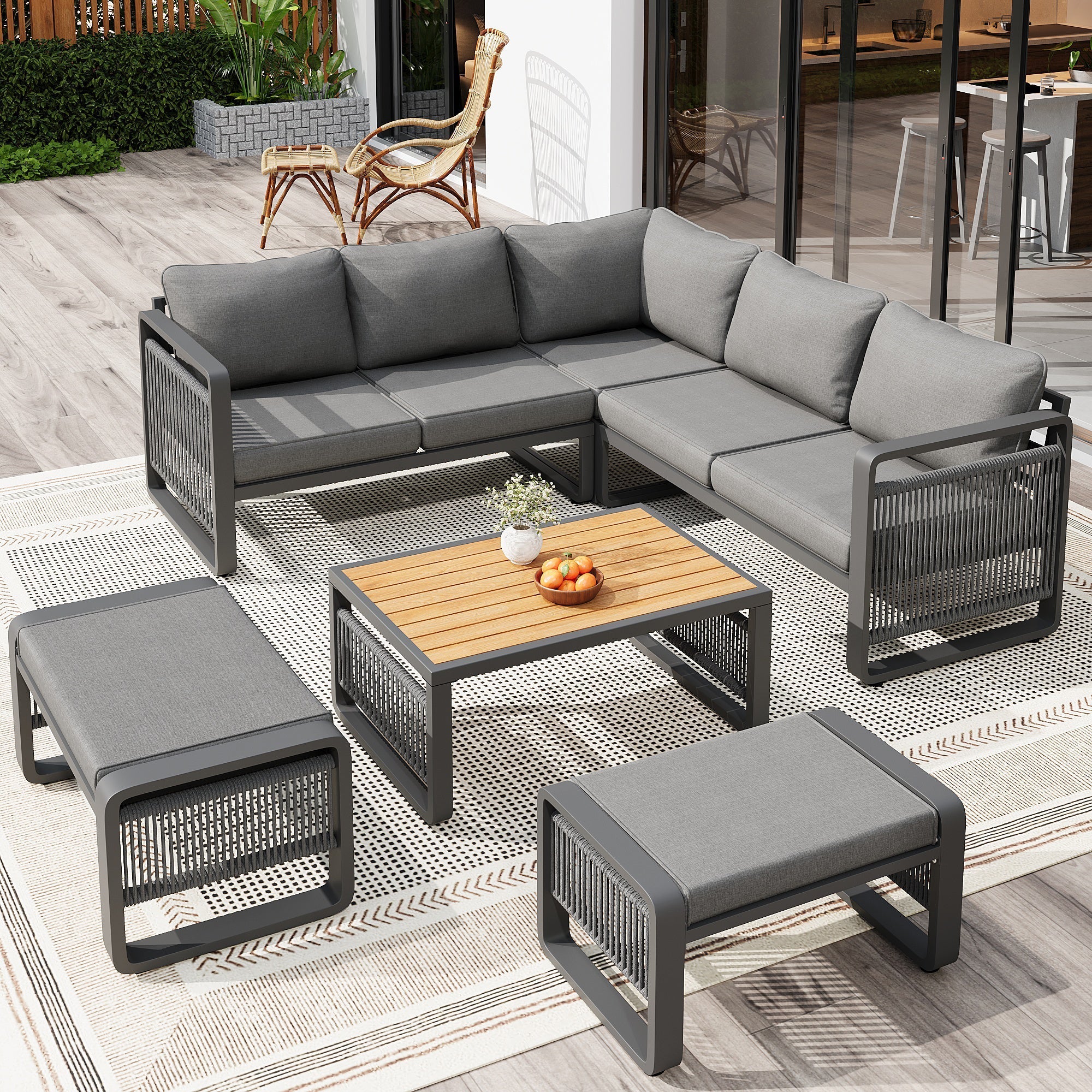 Garden Lounge Set, 6-7 Person Weatherproof Corner Sofa with Hand-Woven Rope and Cushions, Grey Iron