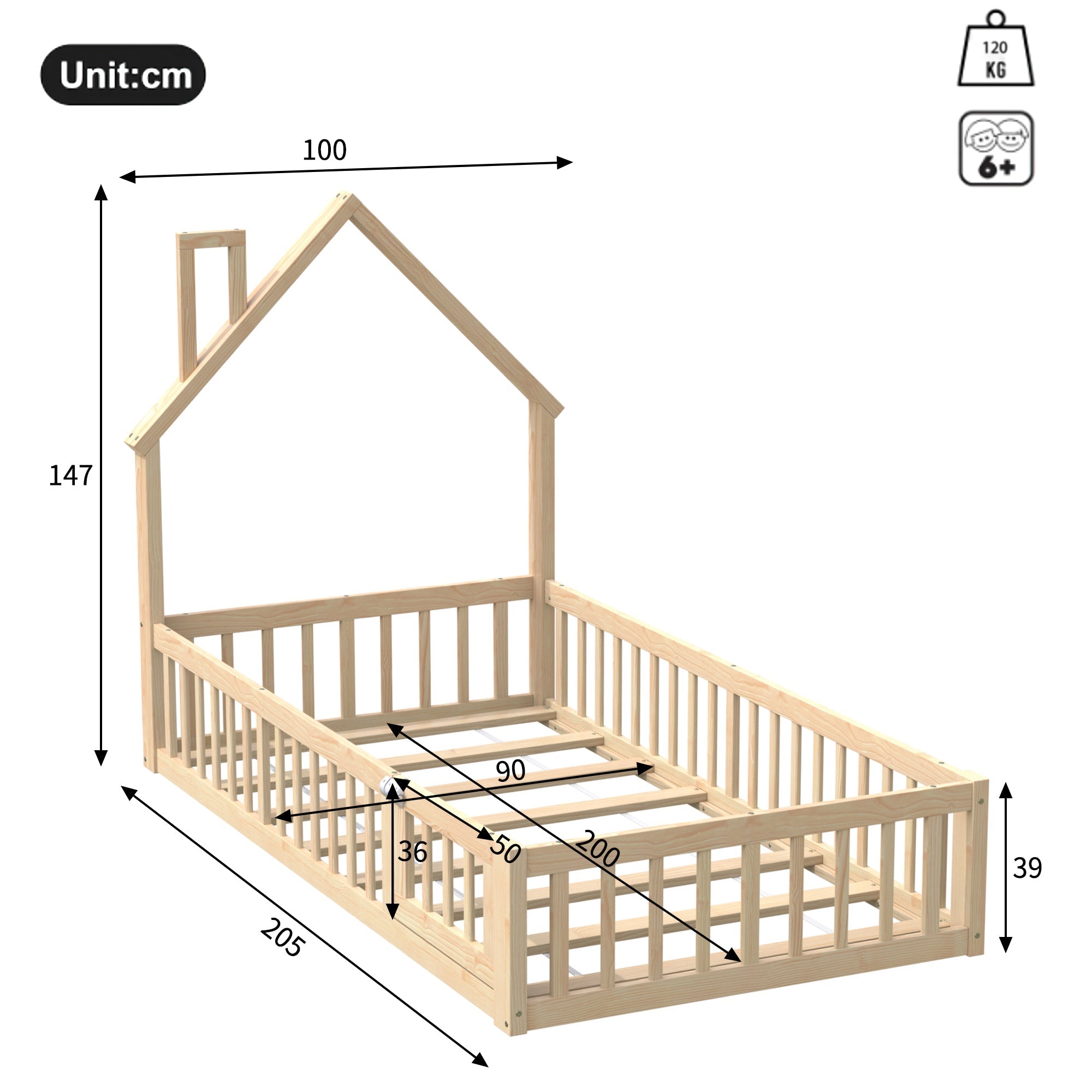 House Bed with Chimney Shape and Slatted Base, 90x200cm, Natural Pine Wood