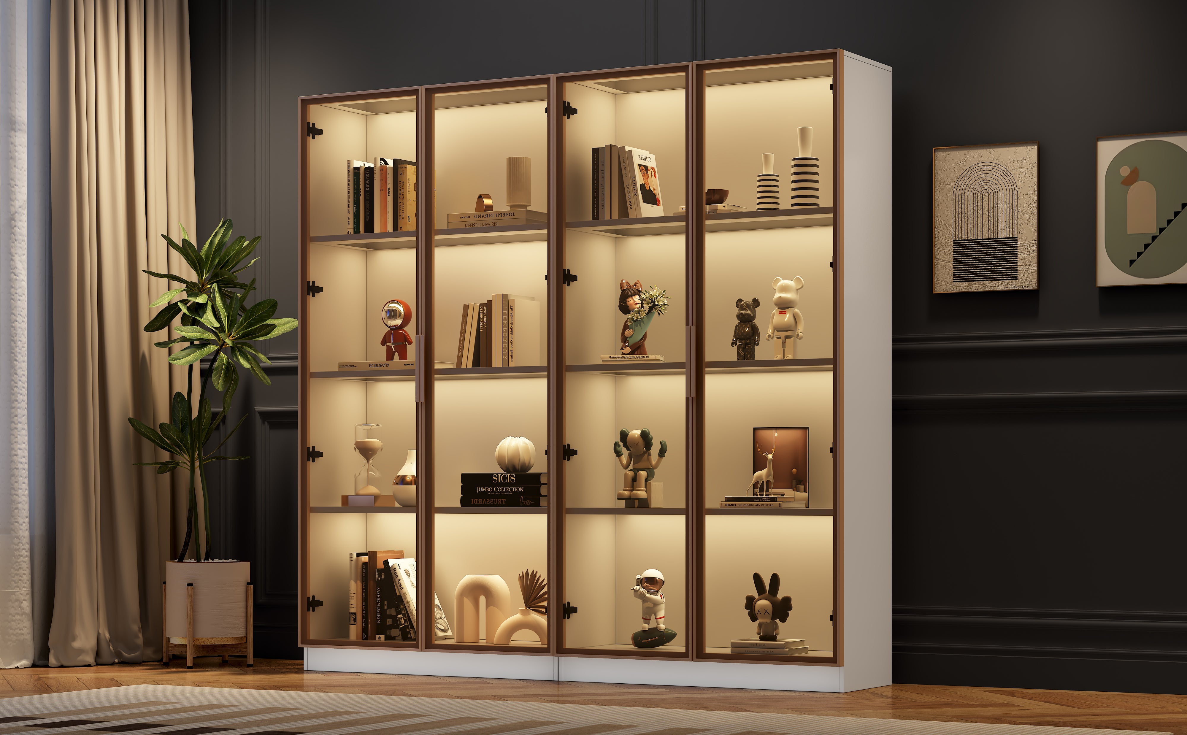 Glass Display Cabinet, Set of 2 with LED Lighting & Movable Shelves, White