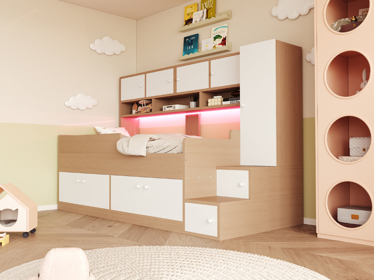 Wooden Children's Bed with Wardrobe, Shelves, Ladder and LED Lighting, 90x200cm, Wood Color