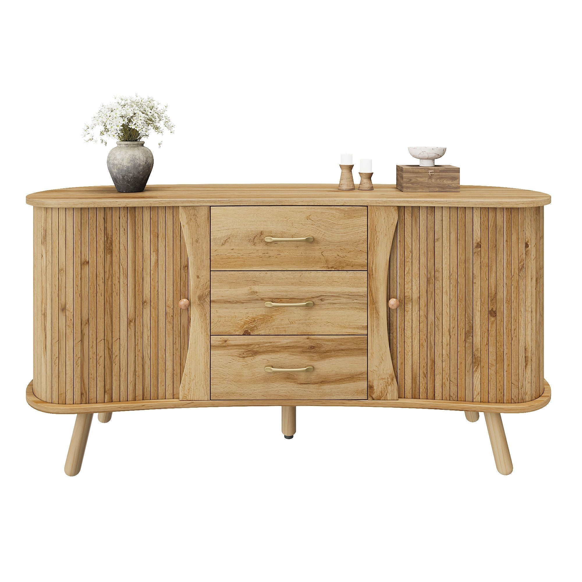 Scandinavian Pea-Shaped Sideboard with 2 Sliding Doors and 3 Drawers, Wood Look MDF