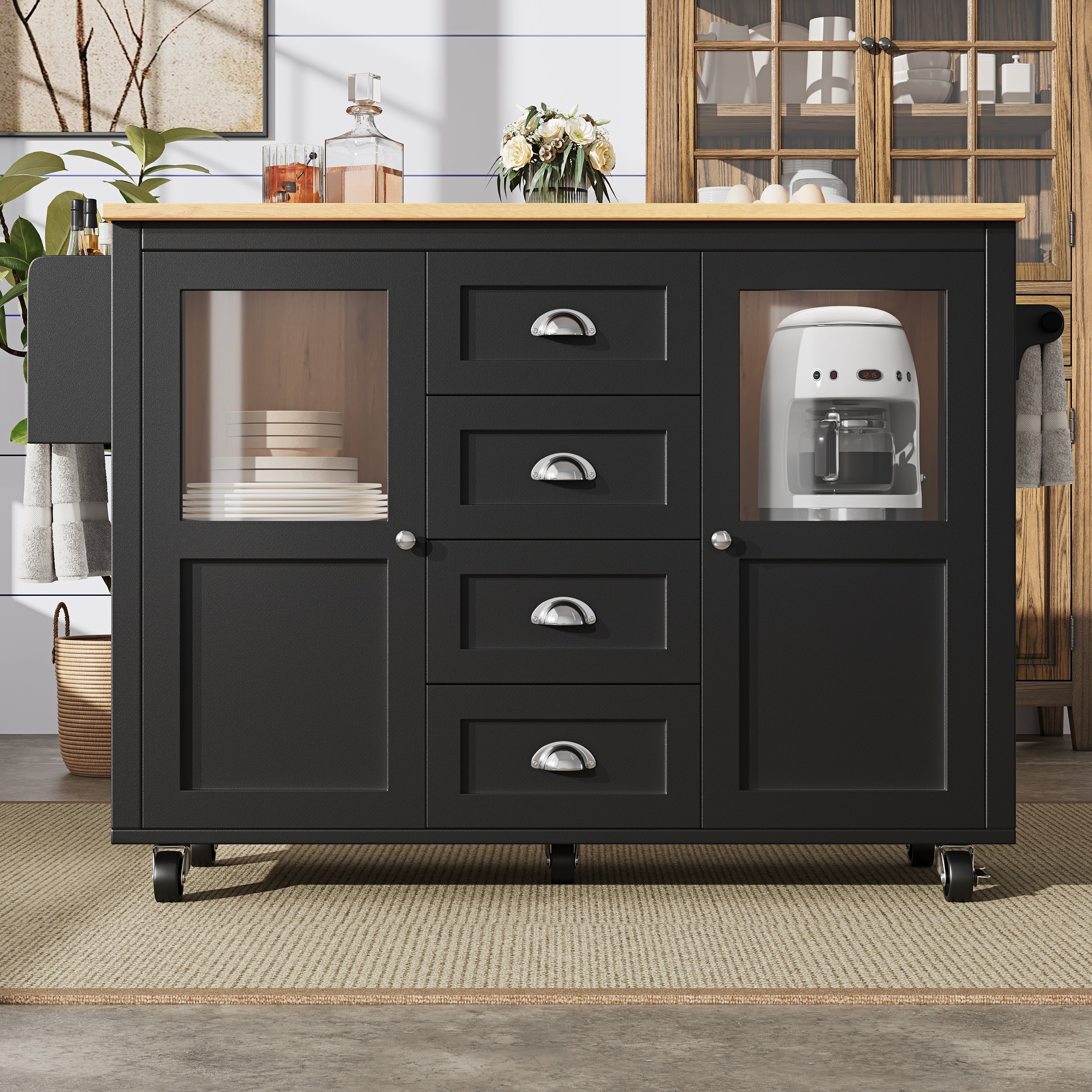 Extendable Kitchen Island Mobile Storage Drawers Spice Rack - White/Black