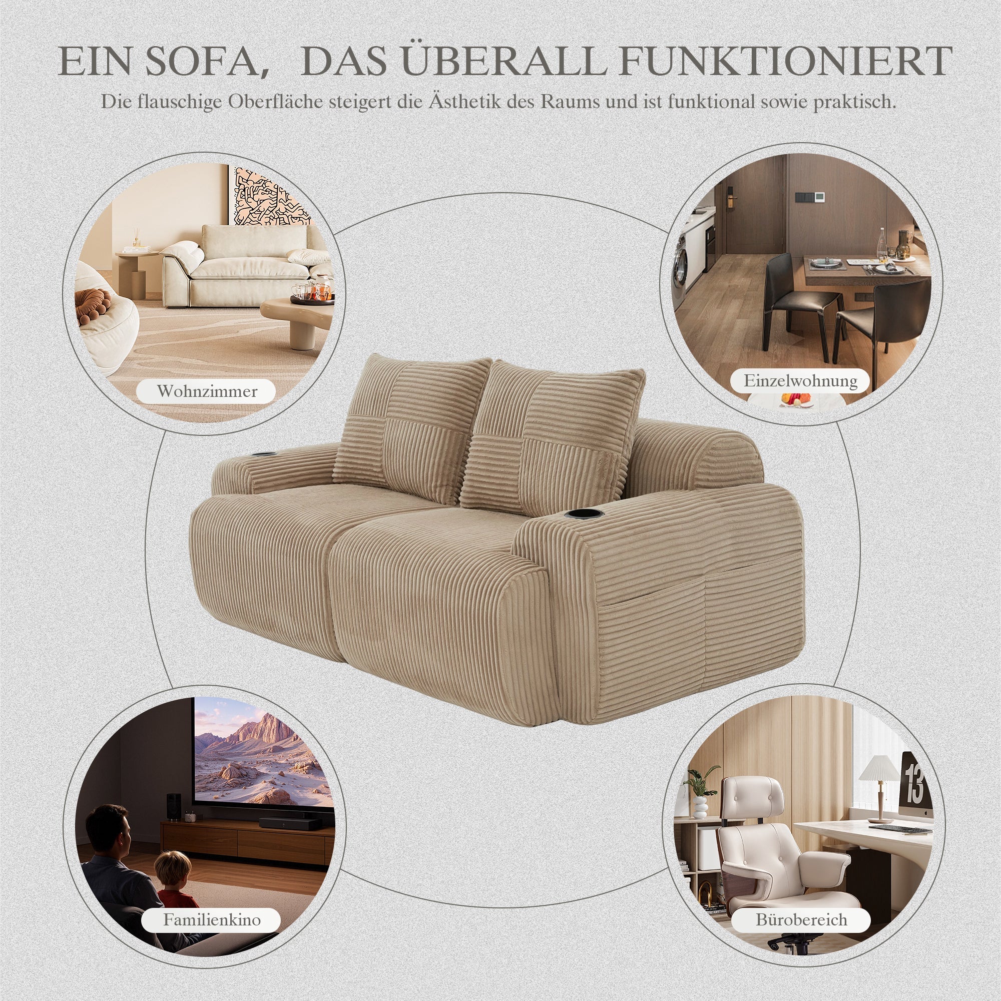 Modular 2-Seater Sofa with Cup Holder and Storage Pocket, Khaki Corduroy