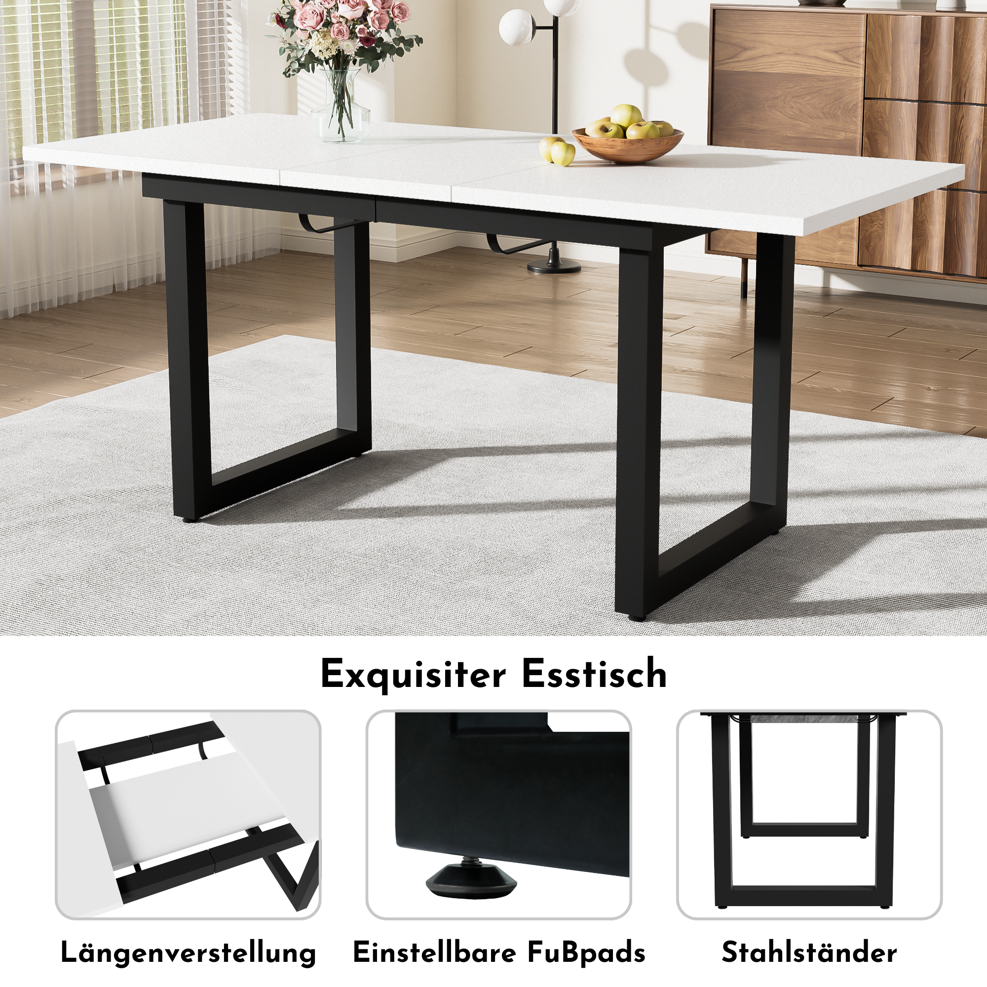 Extendable Dining Table 140/180cm Rectangular Industrial Style MDF White/Black