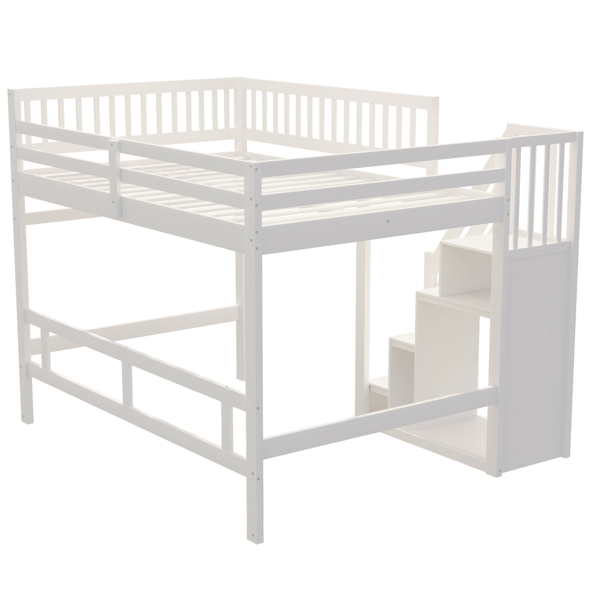 Solid Wood Bed, 140x200 with Stairs & Storage, High Railing, White
