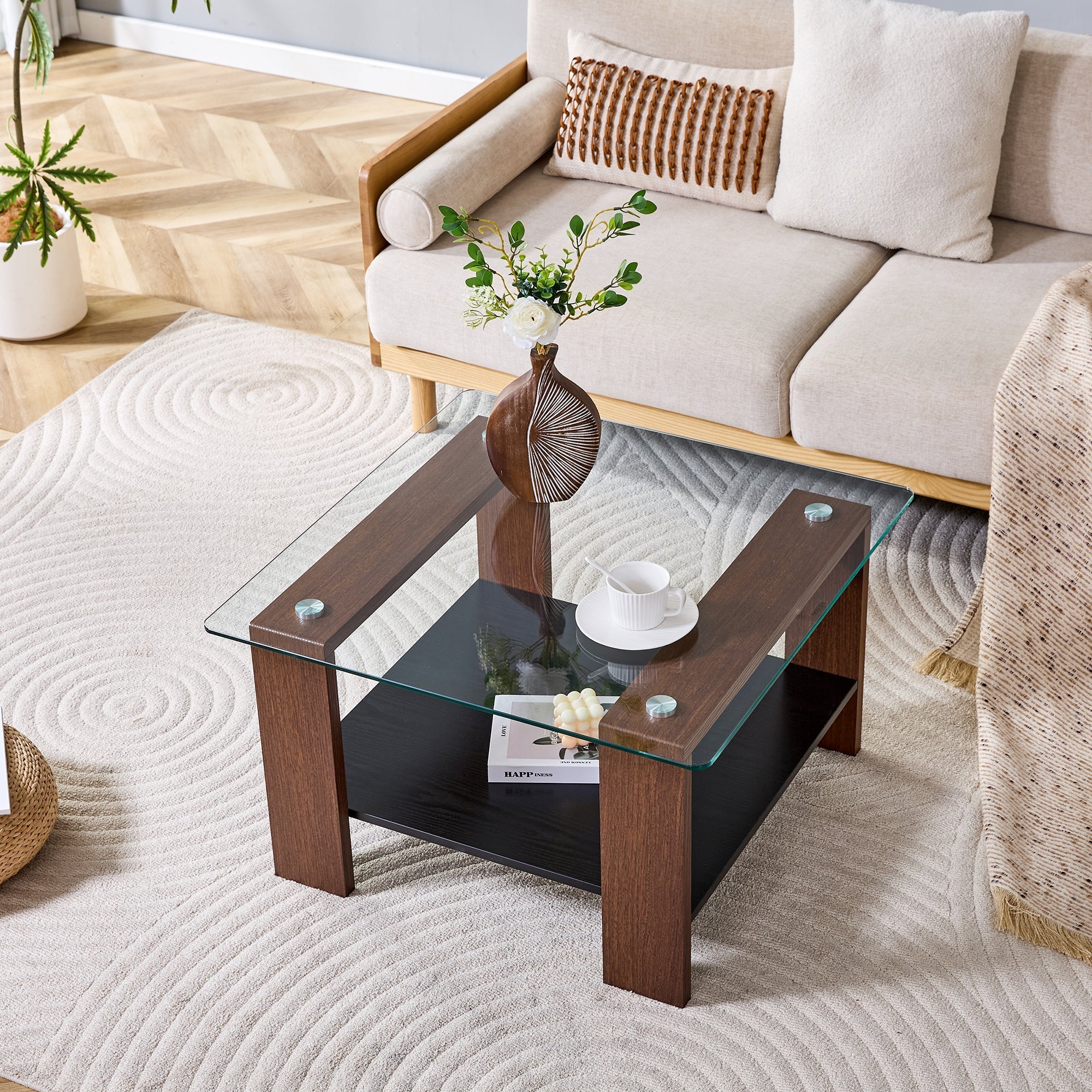 Modern Coffee Table with Storage and Tempered Glass Top, 65x41x45.5cm, Walnut Wood