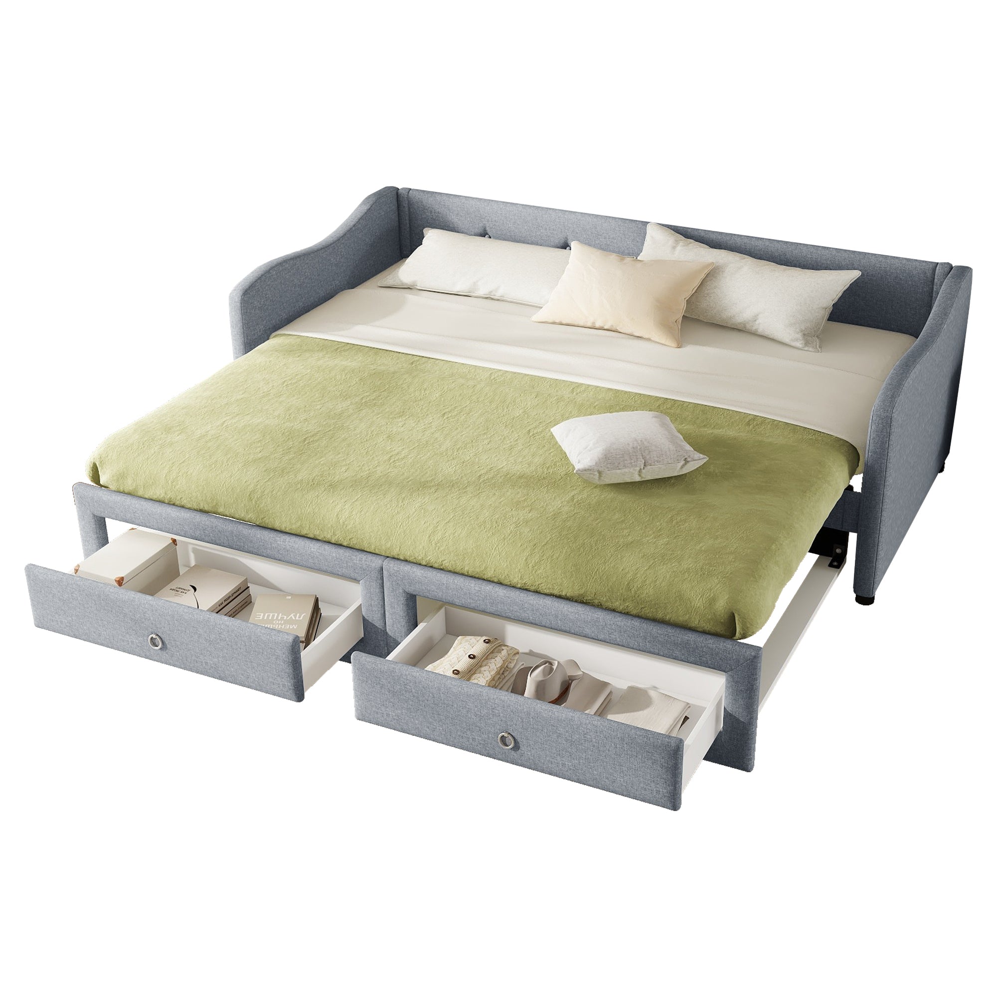 Daybed Sofa Bed 90x200cm Pull-out Bed 2 Drawers - Linen Grey