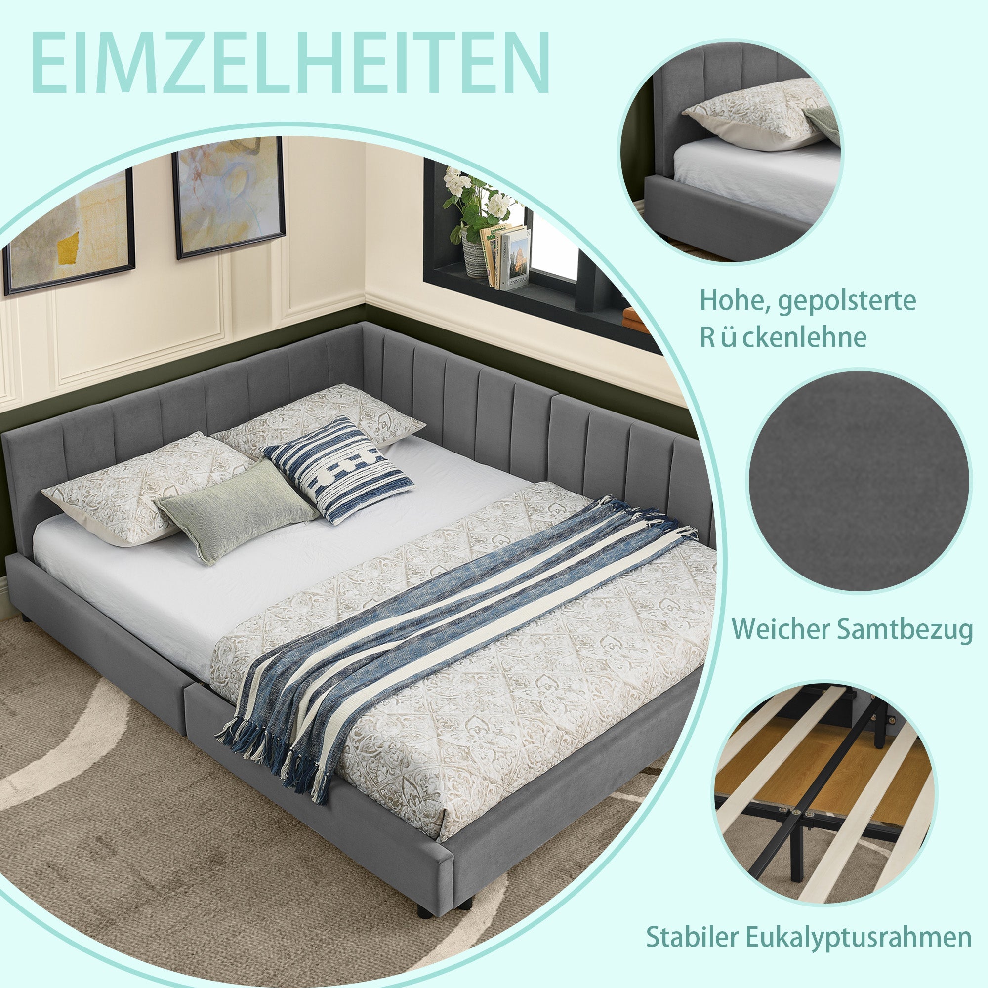 Double Bed High Backrest 160x200cm, Dark Grey Velvet
