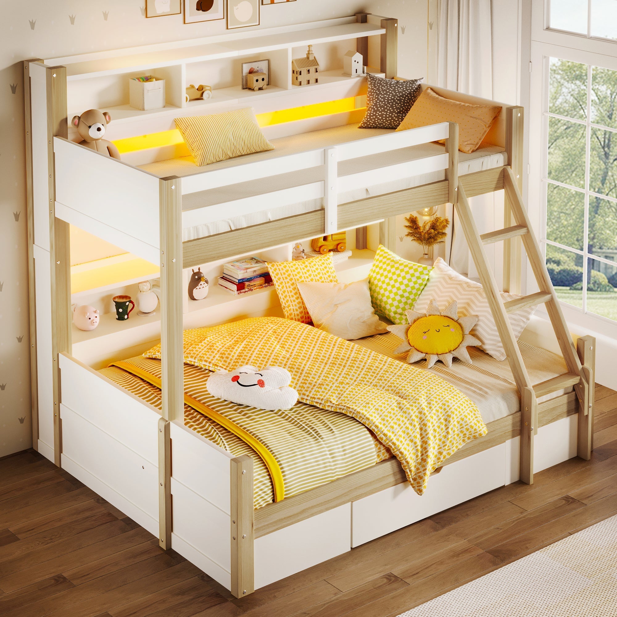 Bunk Bed with Storage Compartments, 1 Drawer and LED Light, 90x200cm + 140x200cm, White and Natural