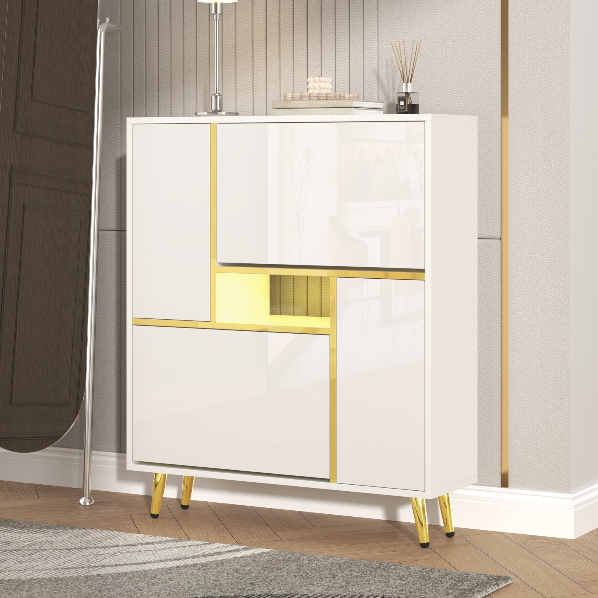 Modern Shoe Cabinet with 16-Color LED Light, White High-Gloss
