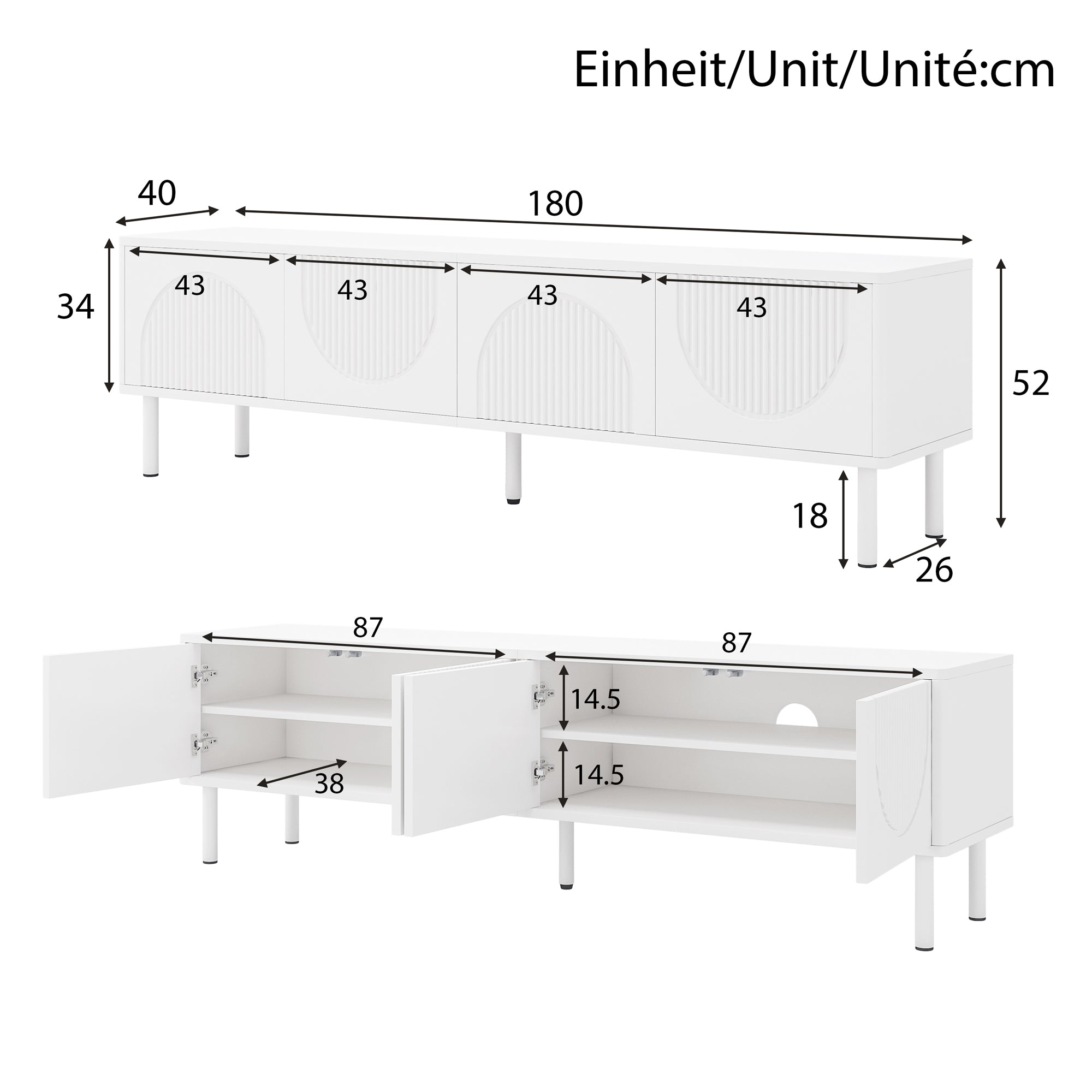 Modern 180cm TV Stand with Storage and Cable Management, White Matte