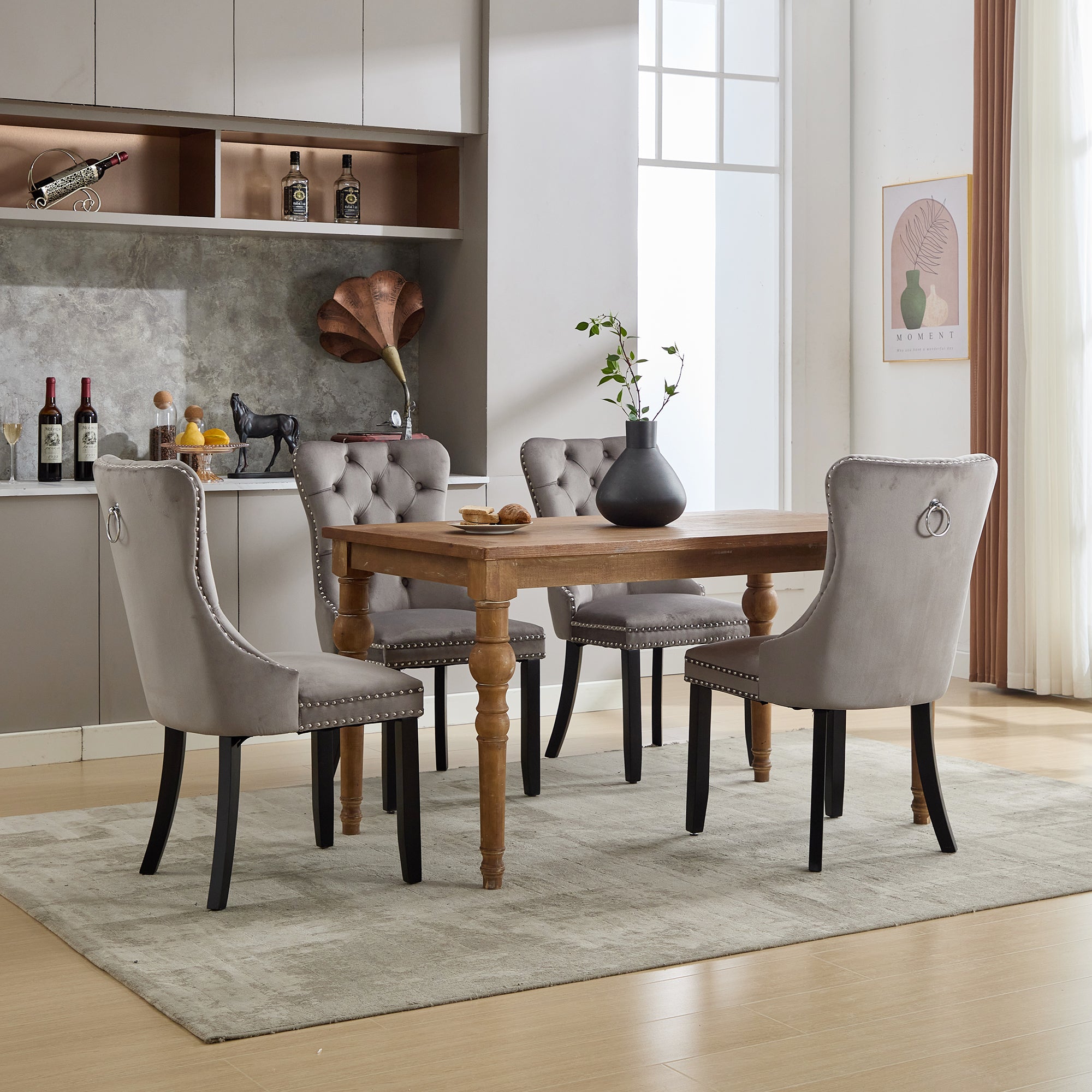 Modern Set of 2 Upholstered Dining Chairs with Button Tufted Velvet, Solid Wood Legs, Riveted Trim, and Knocker Ring, Grey - Clearance