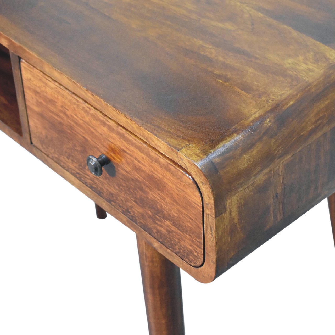 Solid Wood Writing Desk, Curved 1 Drawer 1 Shelf, Chestnut Brown