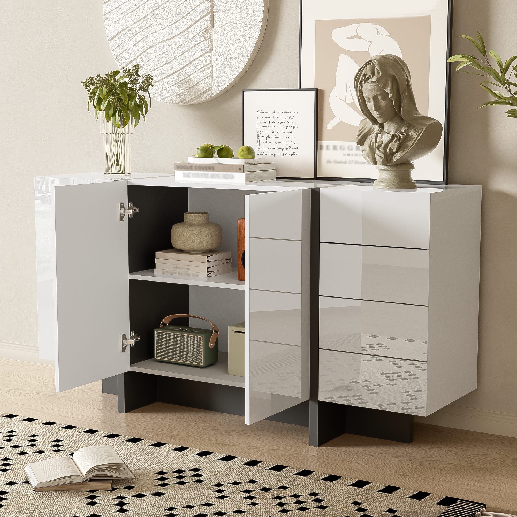 Sideboard, 2-Door 4-Drawer Modern, White High-Gloss