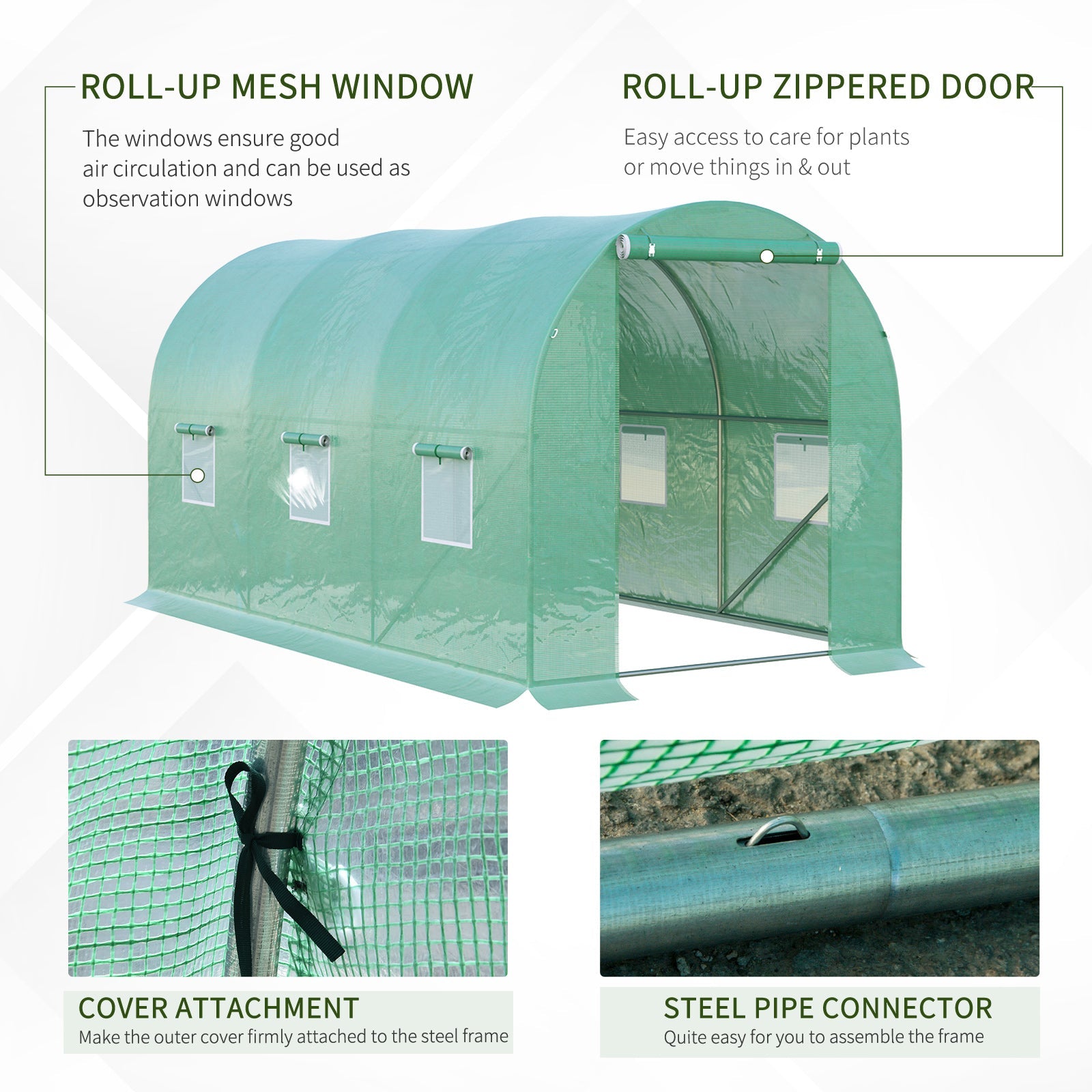 Polytunnel Tomato Greenhouse, 6 Mesh Windows Round Arched, Green