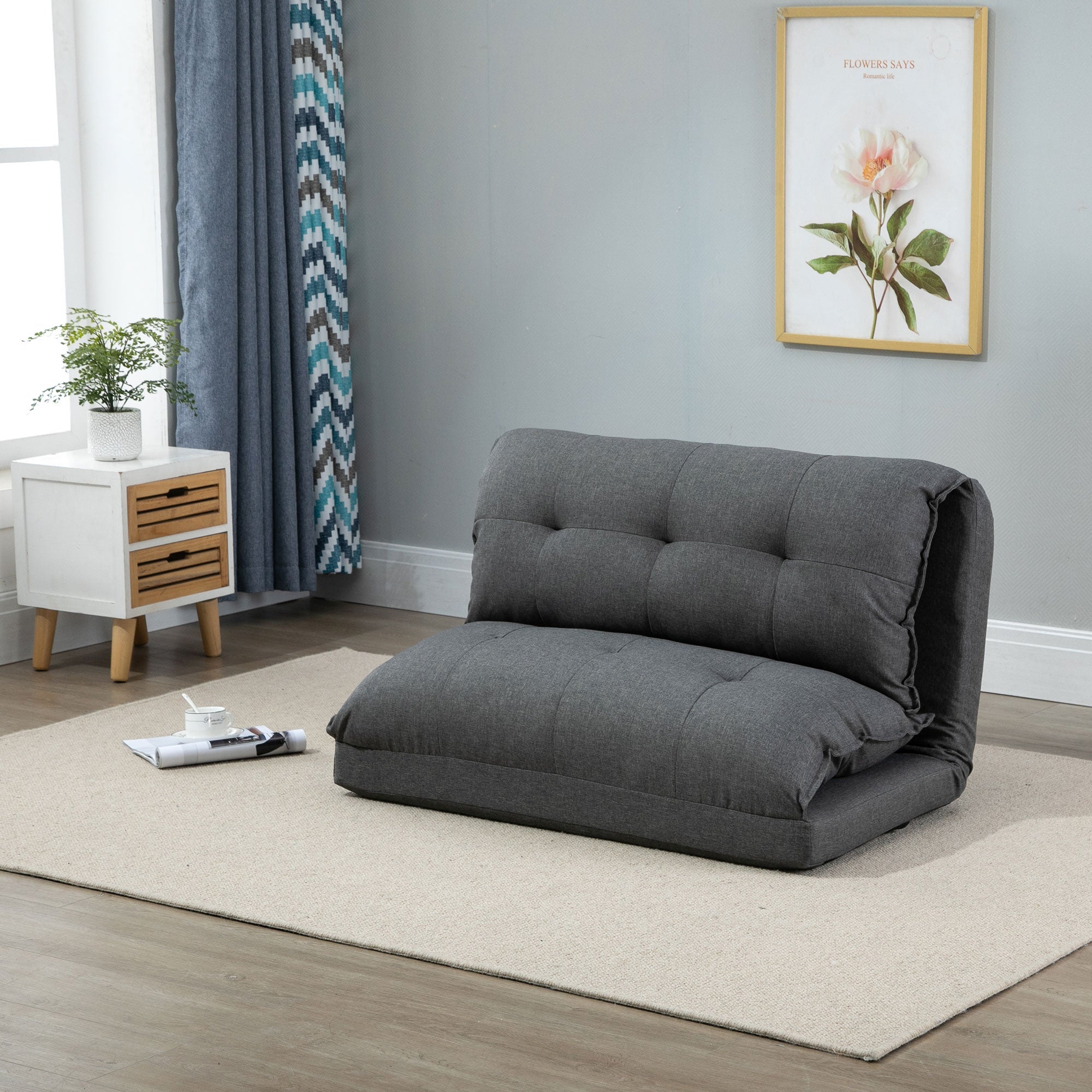 2-in-1 Floor Chair Sofa Bed, 13-Position Adjustable Backrest, Linen Gray