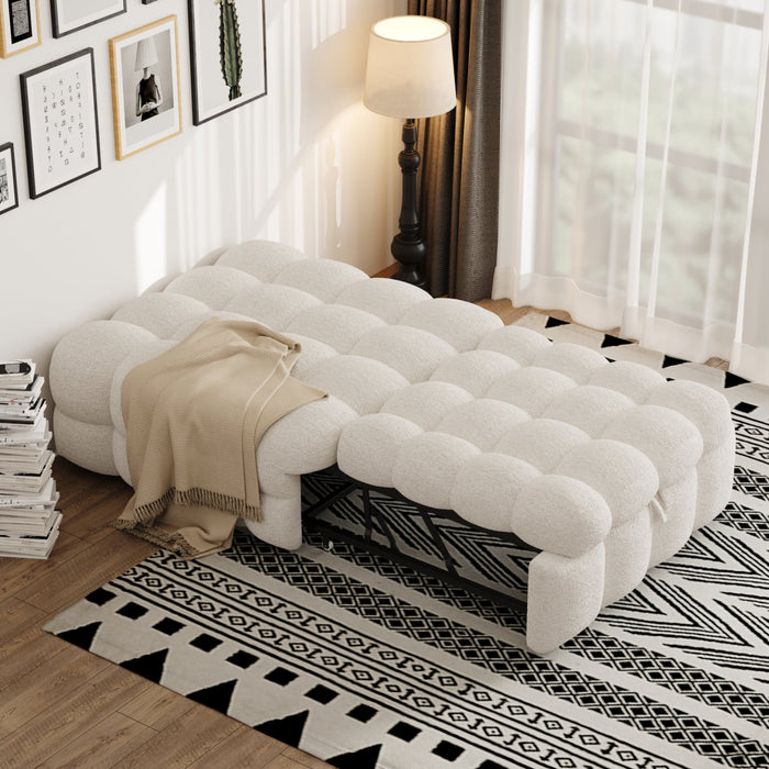 Upholstered Bed 2-in-1 Footstool Pull-out Sofa Bed Single Teddy Fabric Beige