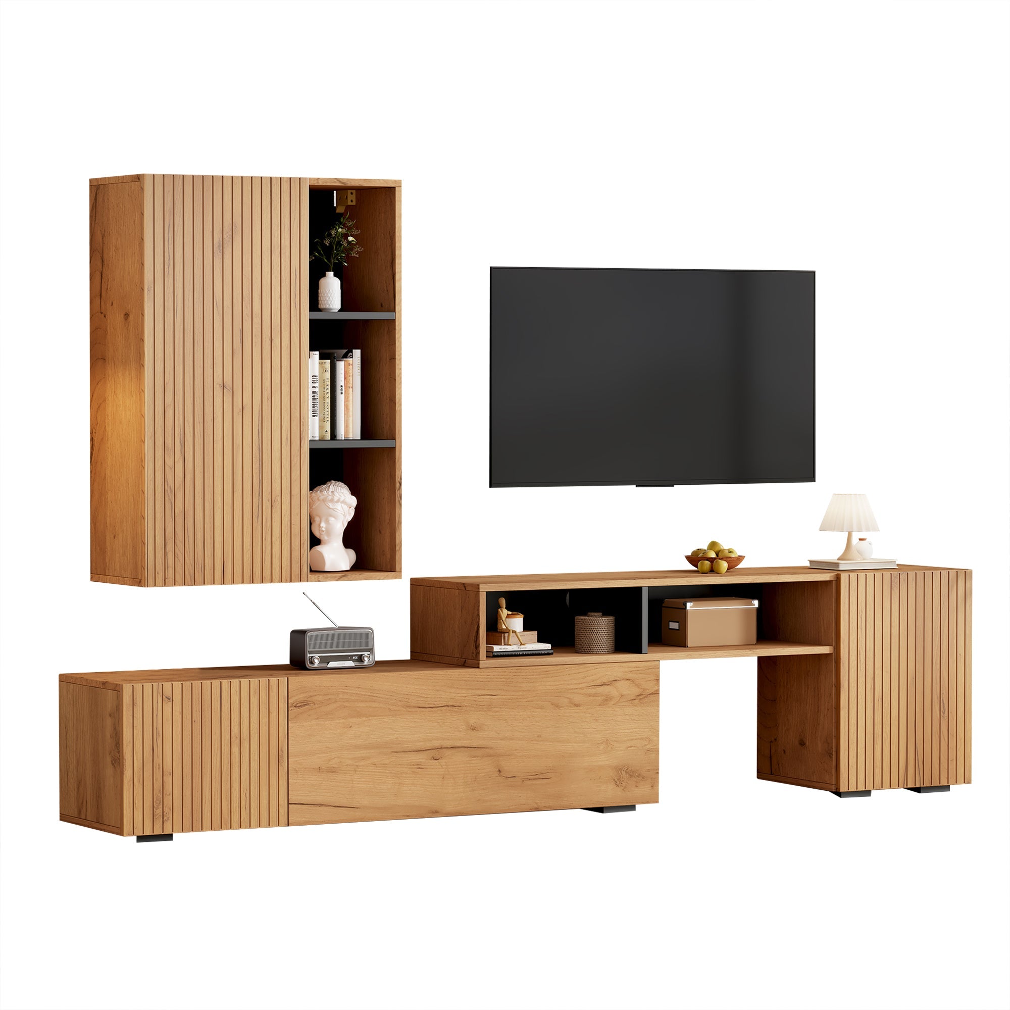 TV Wall Unit Set, 2-Piece Media & Display Cabinet, up to 120" TV, Wood & Black