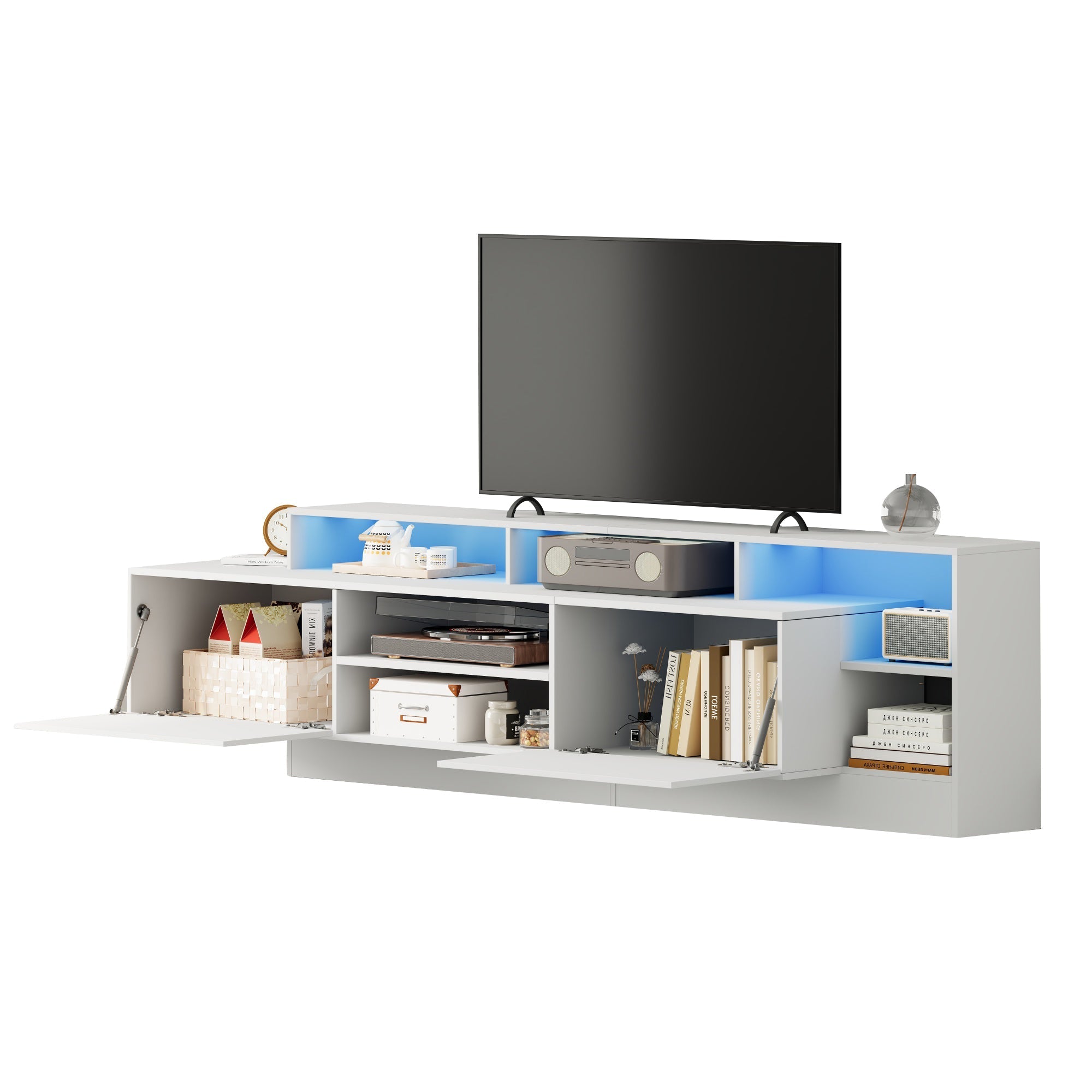 Modern TV Lowboard 190cm LED Open Storage for 70" TV - High-Gloss