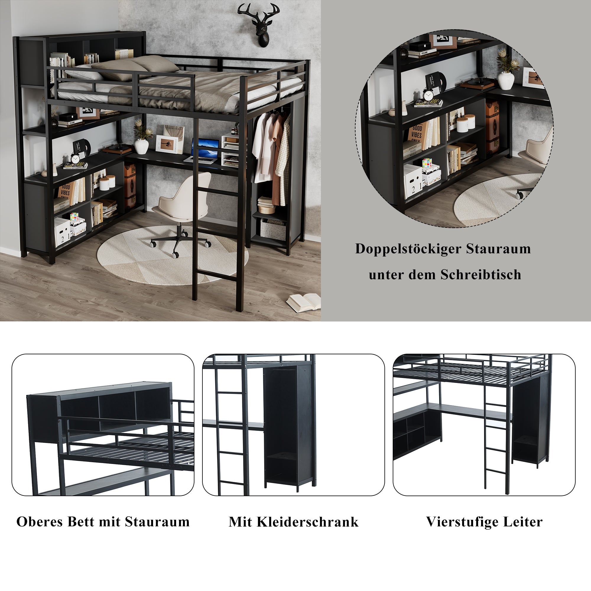 Iron Loft Bed, Double Storage, Desk & Wardrobe, Black 140x200cm