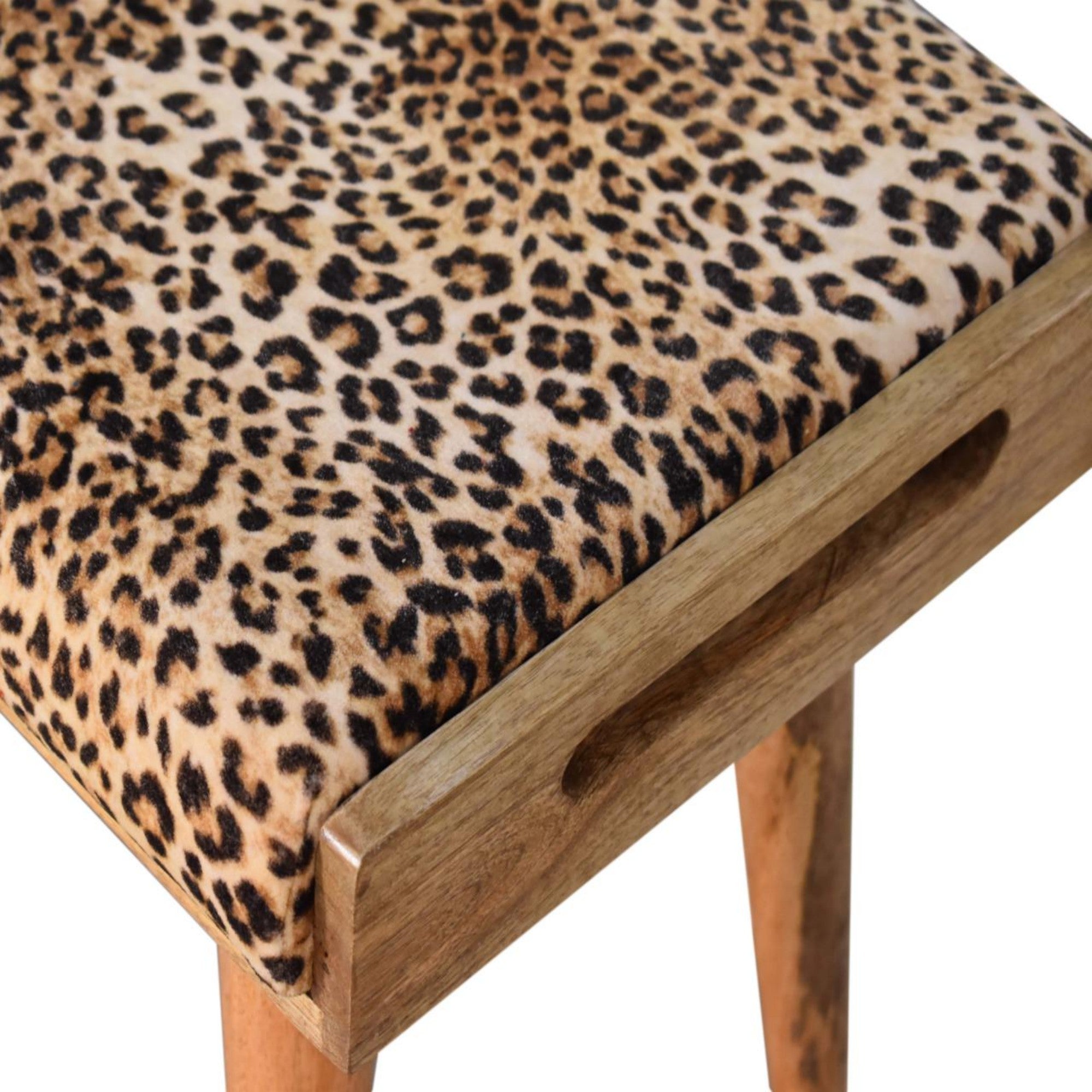 Solid Wood Footstool, Tray Style Upholstered Leopard Velvet, Light Brown