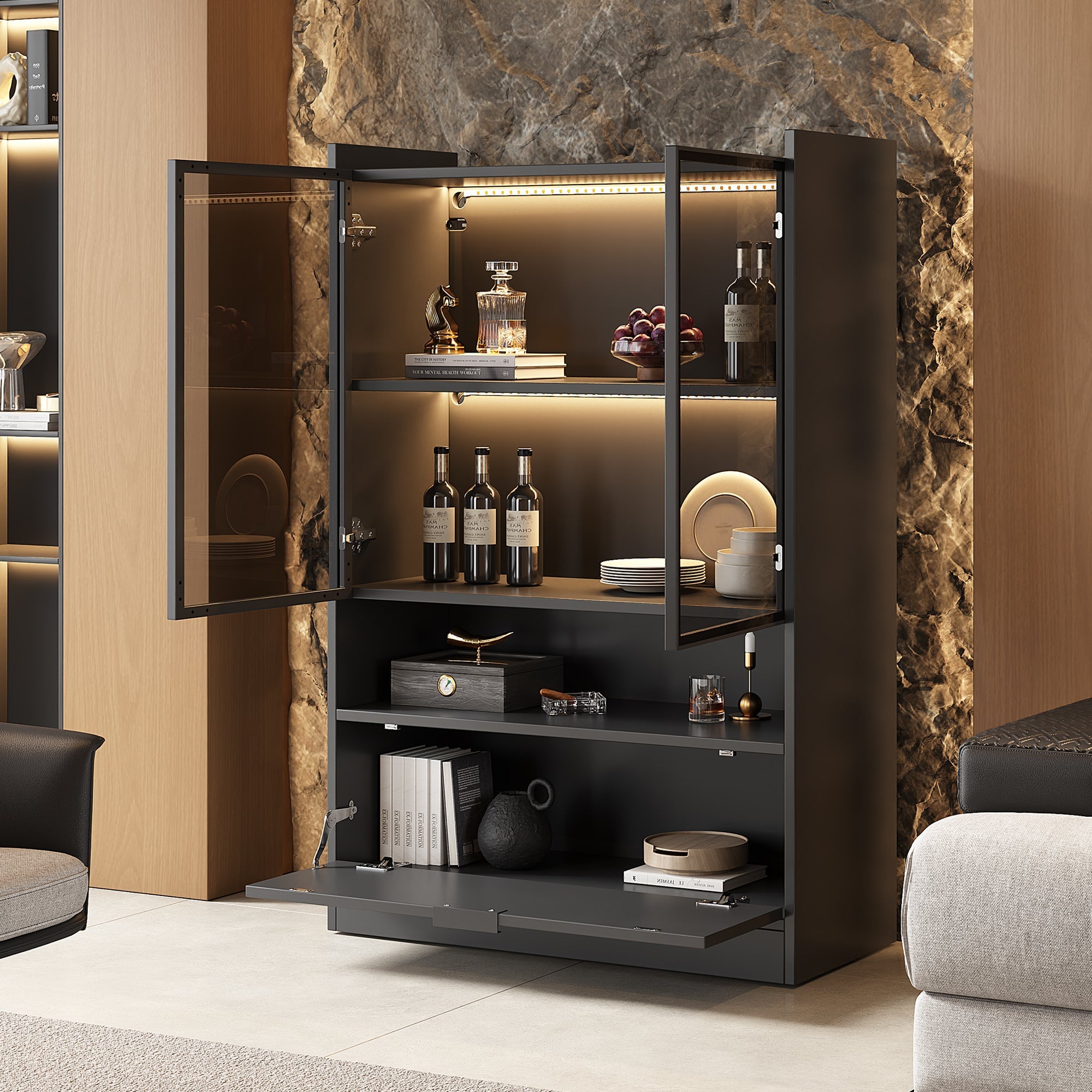 Modern LED Display Cabinet 120cm High 16-Color Lighting Glass Doors, Matte Black Chipboard