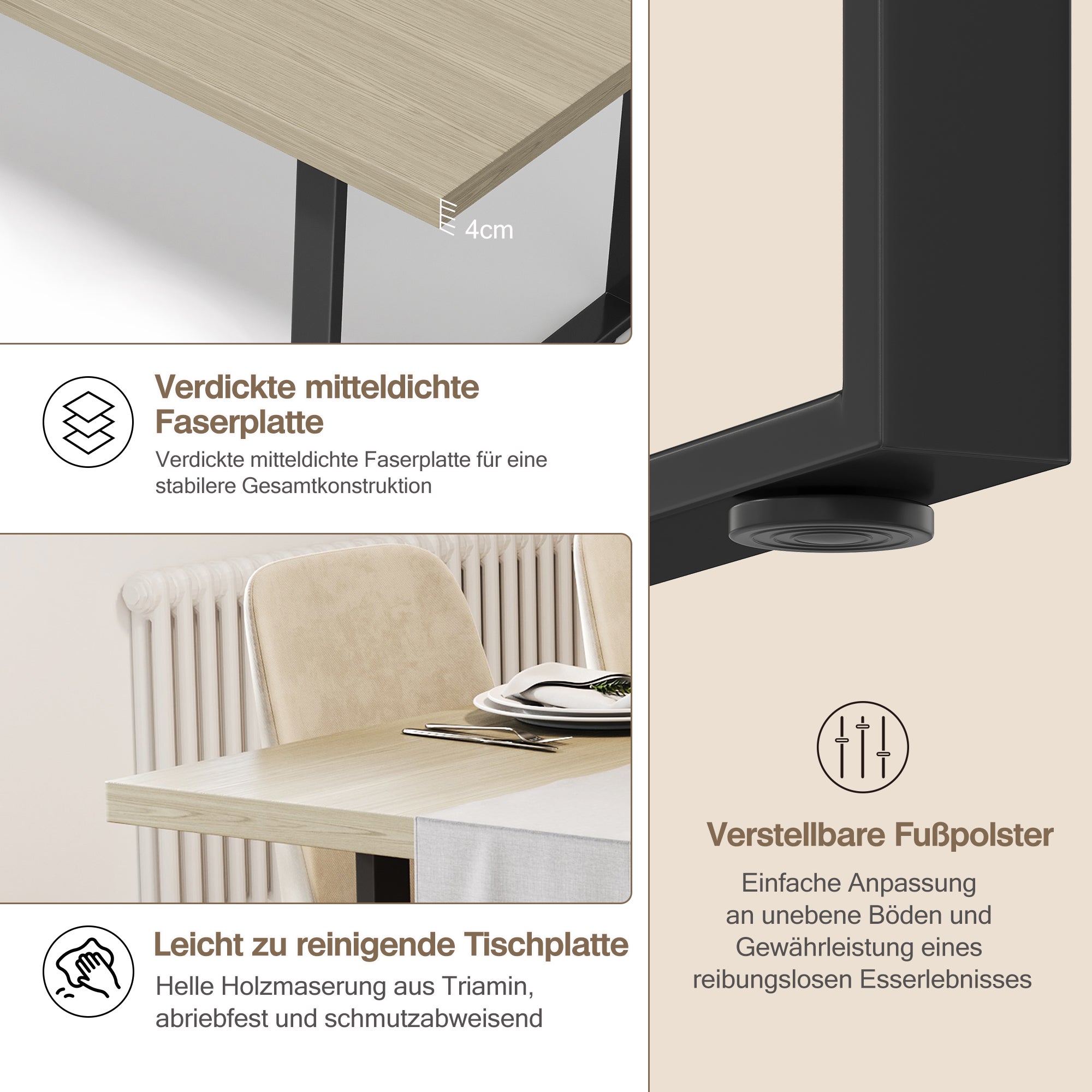 Dining Table Industrial Style 160x80cm 6-8 People Light-Colored Finish