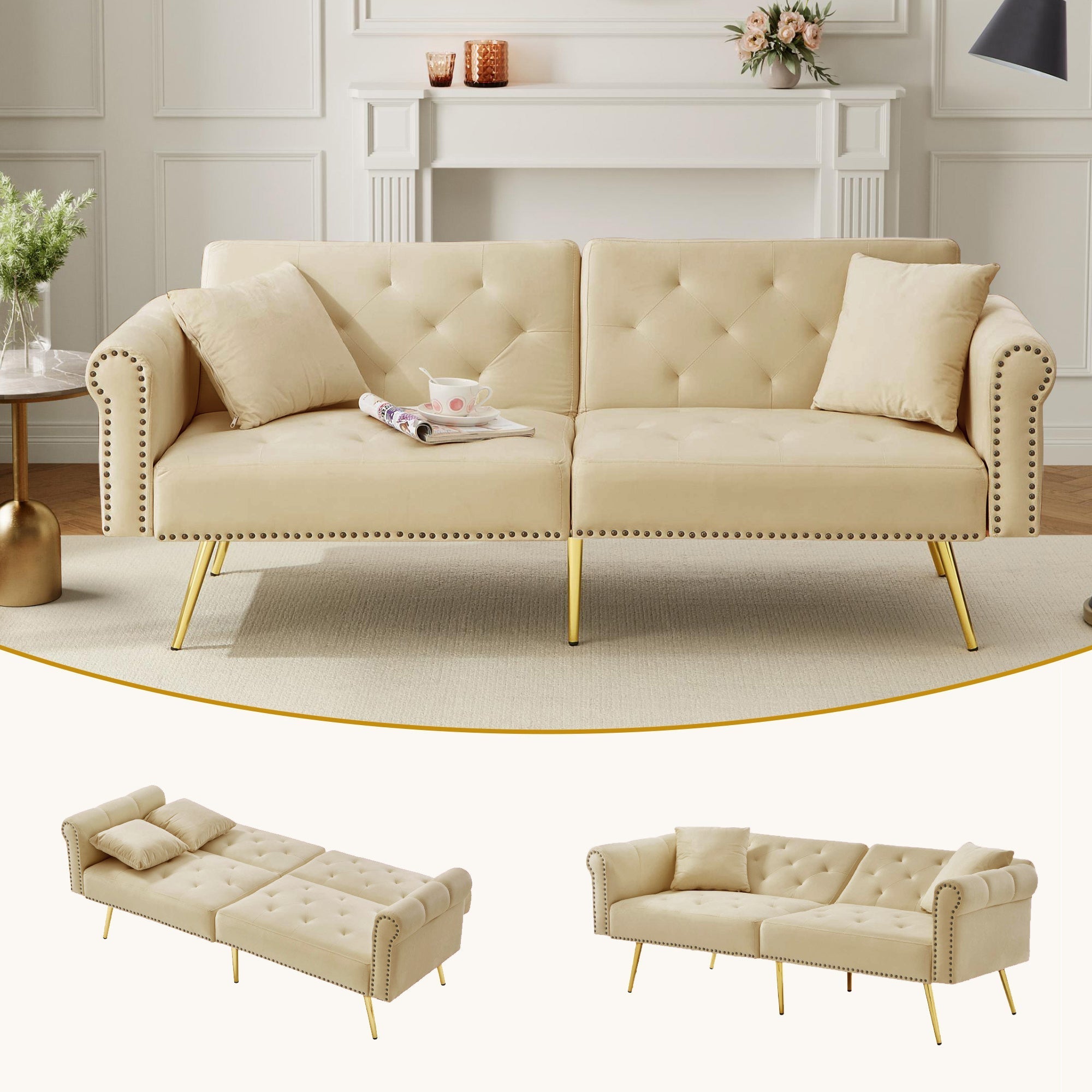 Modernes 2-Sitzer Schlafsofa mit 3-fach verstellbarer Rückenlehne, Samt