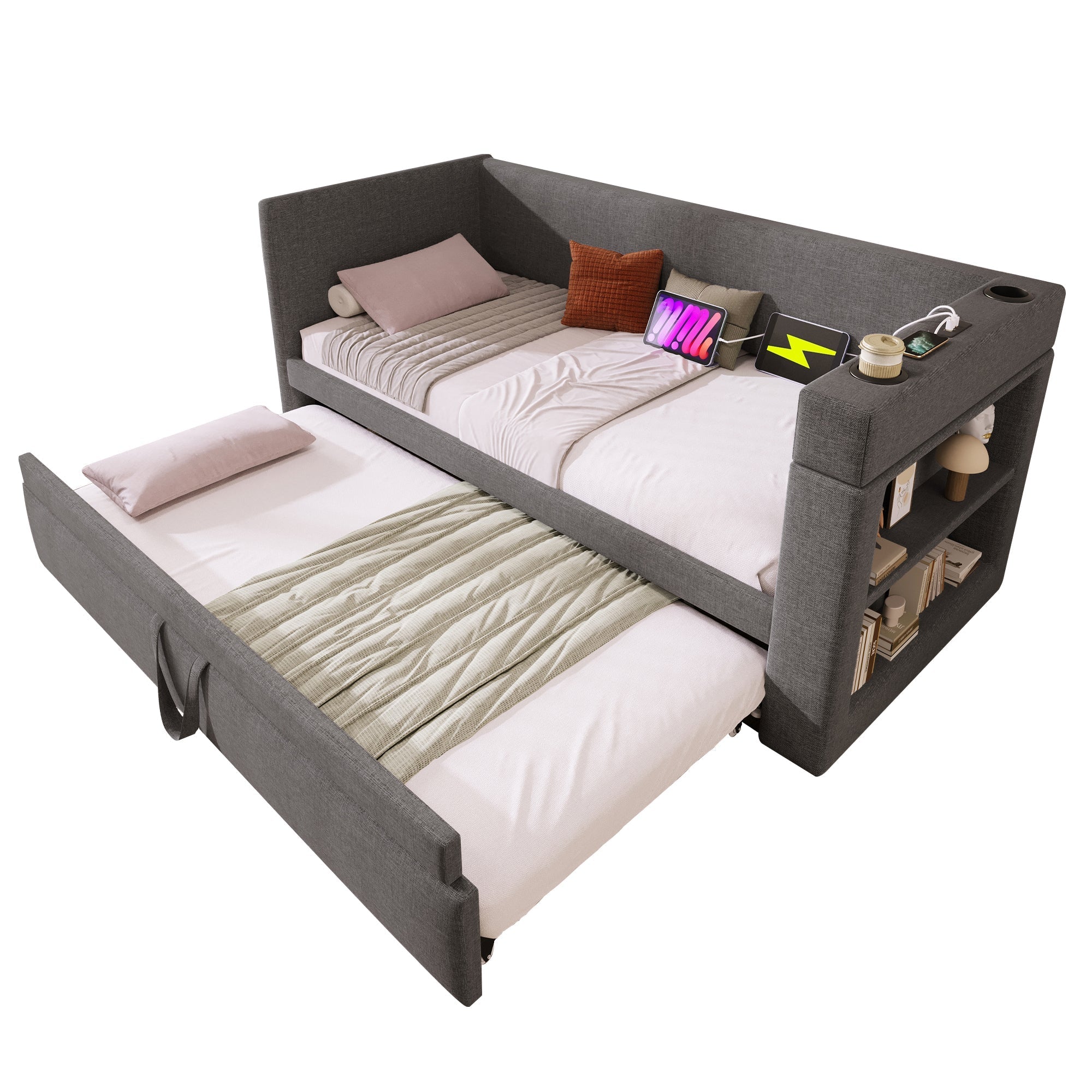 Upholstered Daybed 90x190 cm Single Bed Sofa with Pull-Out, USB/Type-C Port, Linen Blend Grey
