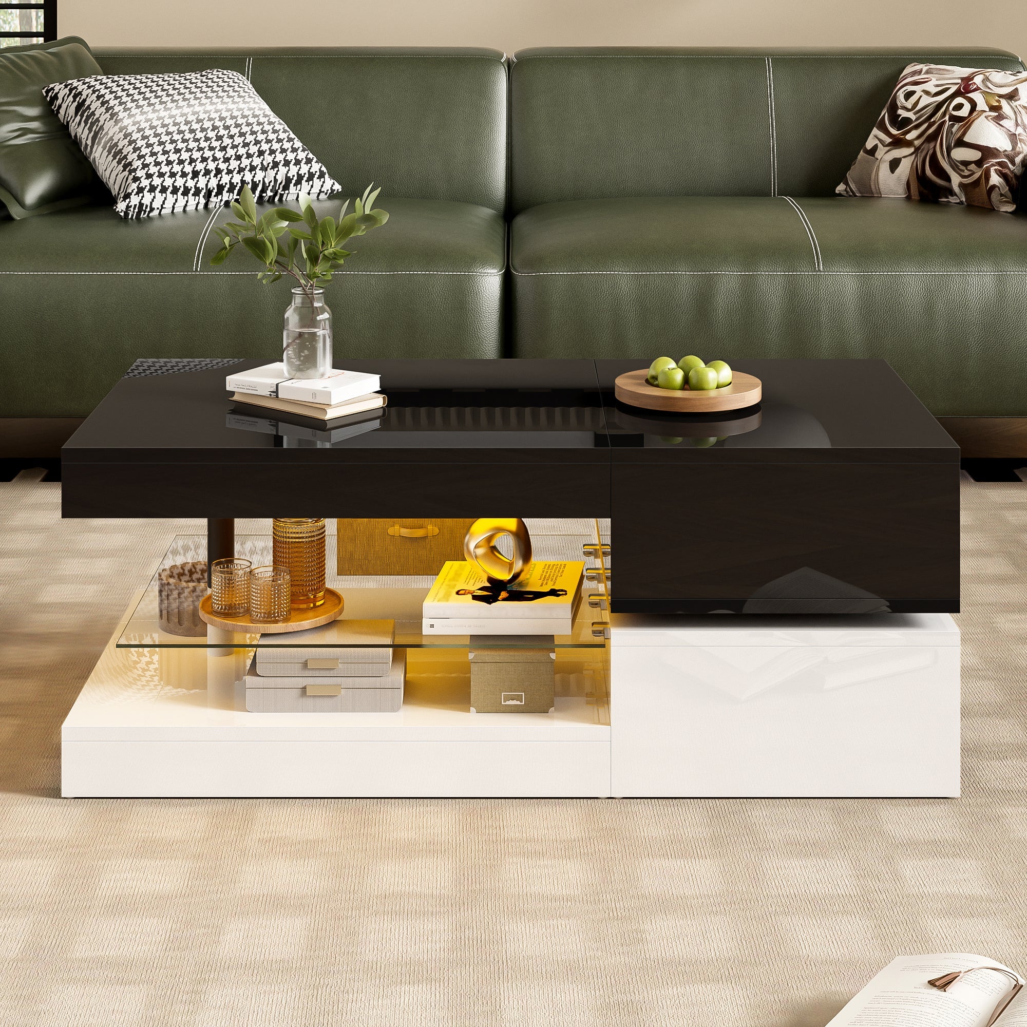Coffee Table with LED Lighting, Bluetooth, Glass Shelf, Black & White