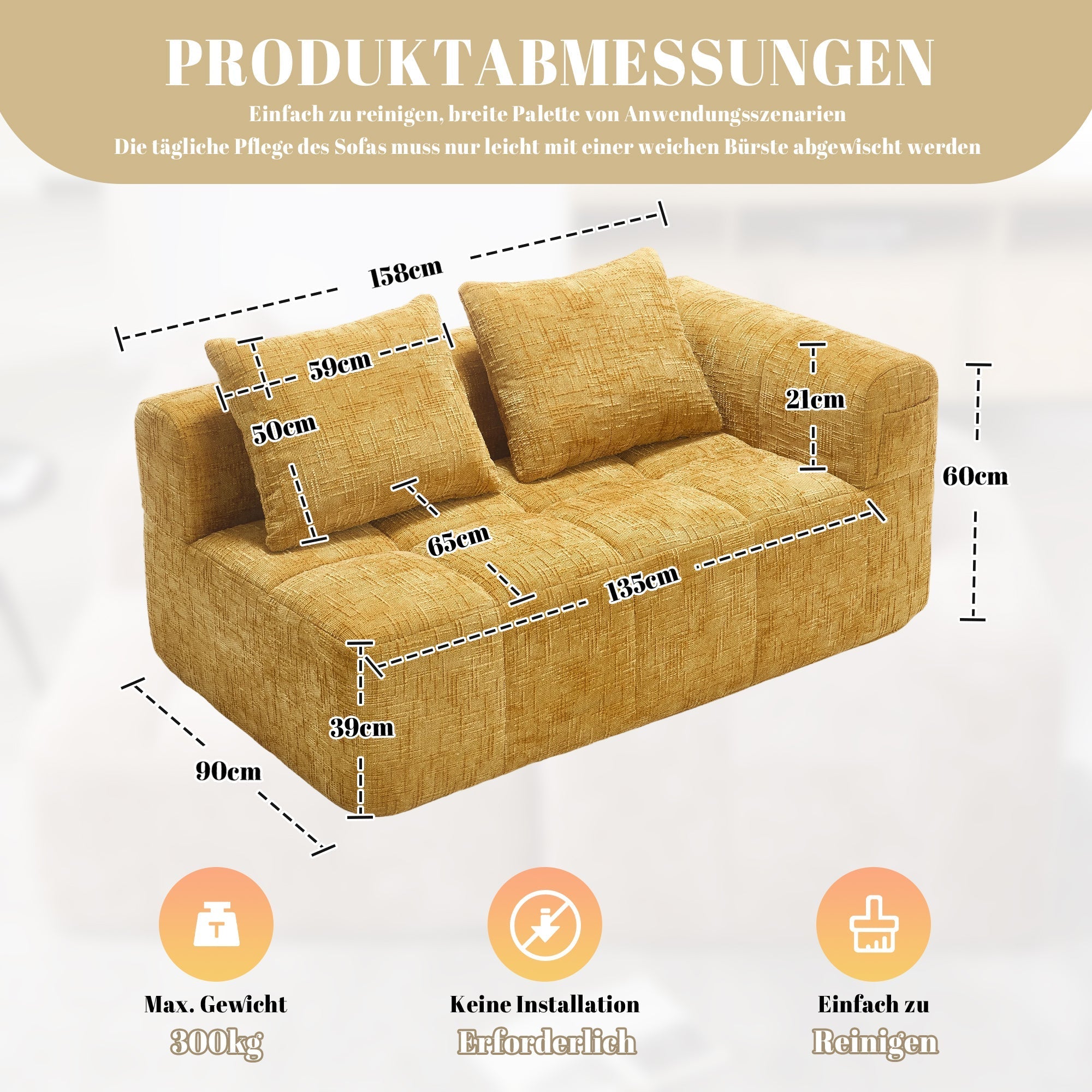 2-Person Sofa, Plush Cushion Side Pockets, Yellow