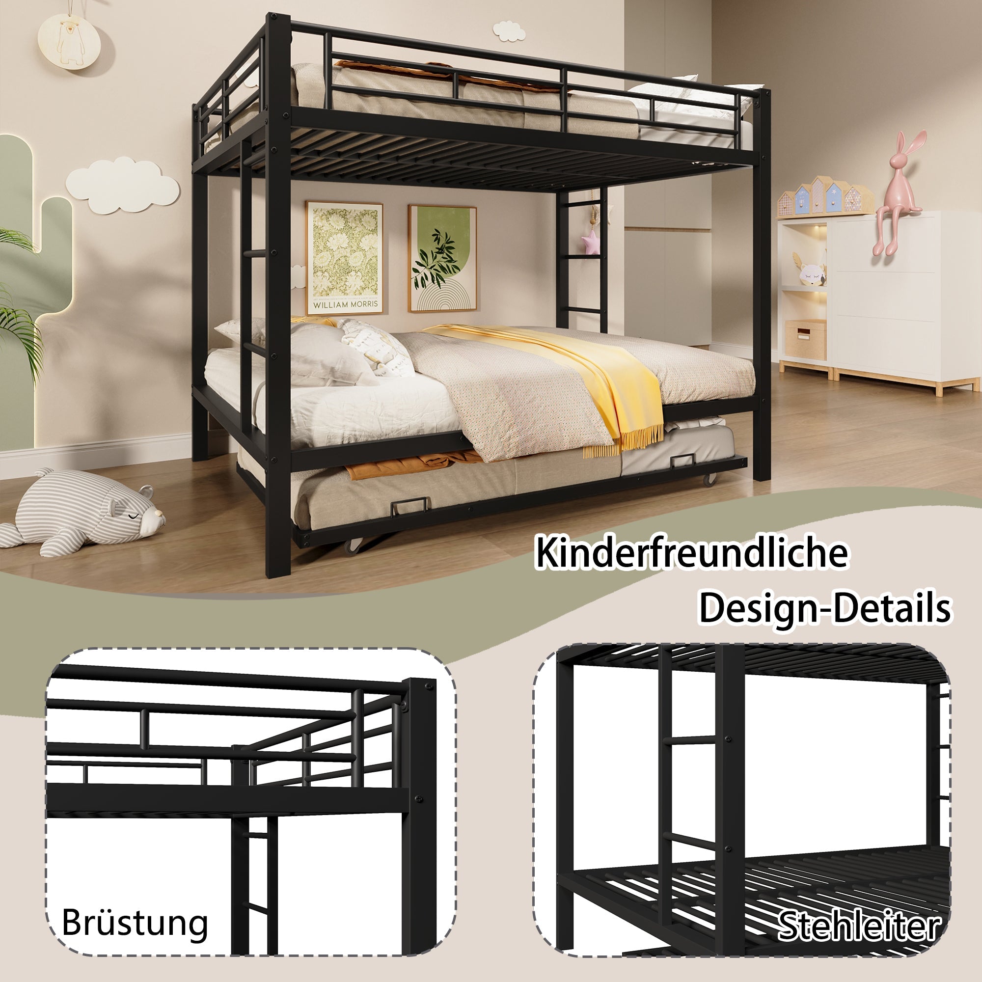 140*200cm Bunk Bed with Pull-out Bed and High Railings, Iron, Black