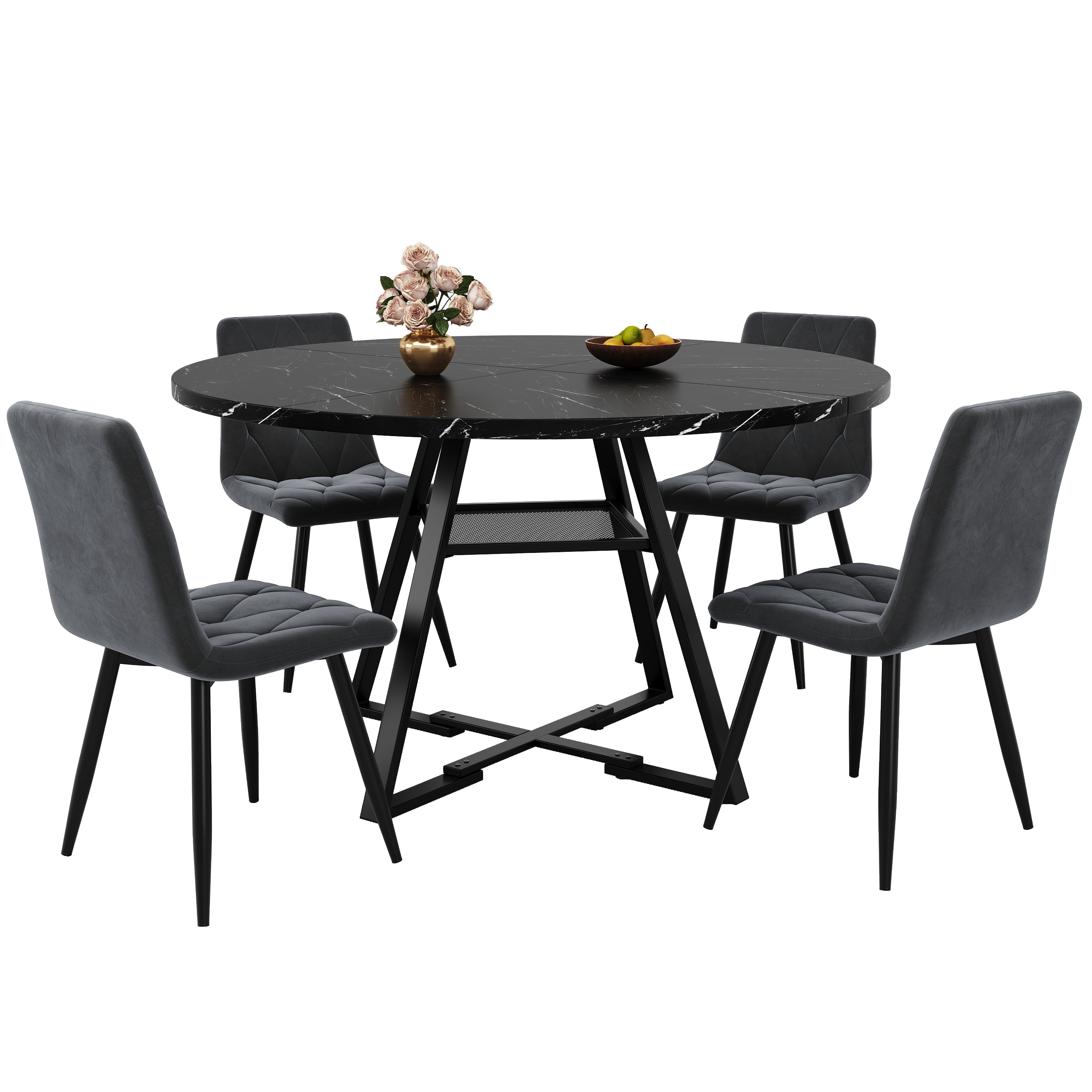 5-Piece Round Dining Table Set with 4 Chairs and Marble Pattern, Velvet Grey