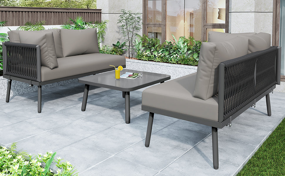 Garden Lounge Set L-Shaped 2 Sofas 1 Table Adjustable Feet Grey Rope/Iron