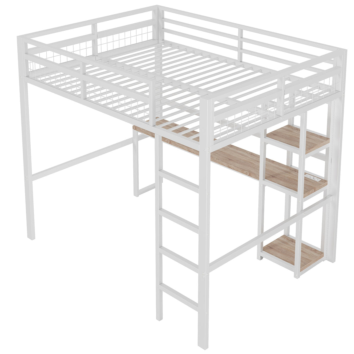 Loft Bed 140x200cm Desk Power/USB-C Shelves Stepladder - White Iron Frame