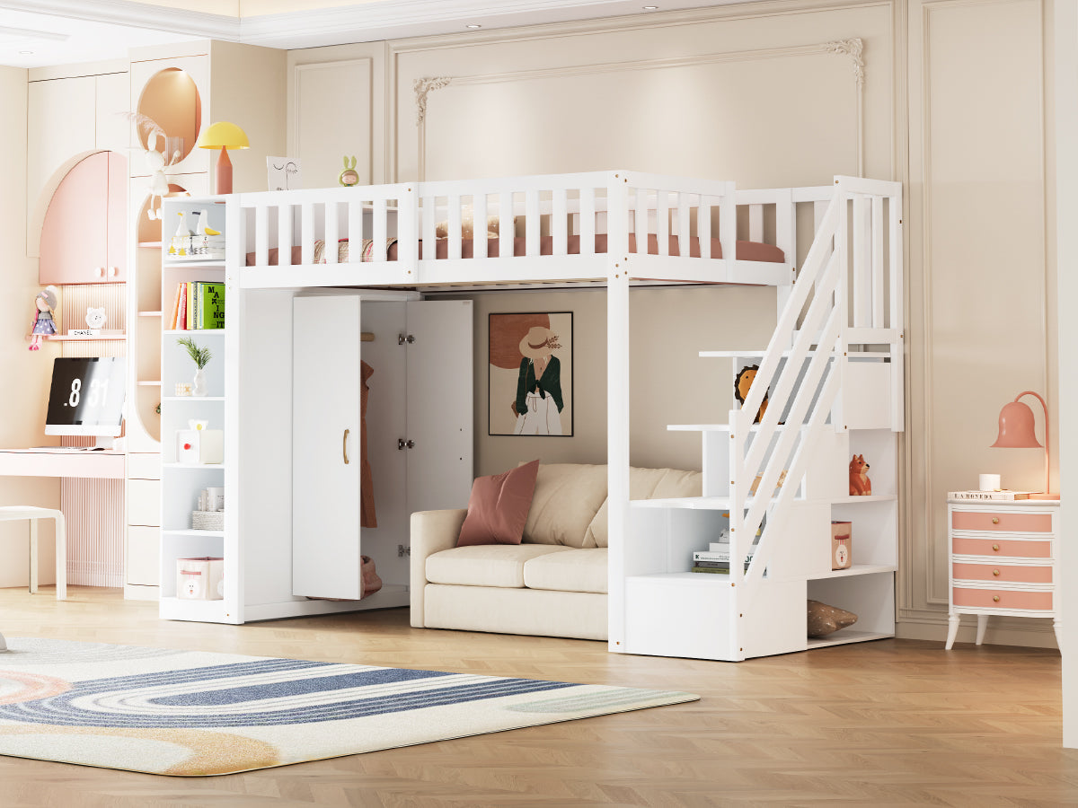 Loft Bed with Storage Stairs, Shelves and Wardrobe, Solid Wood White and Wood Color